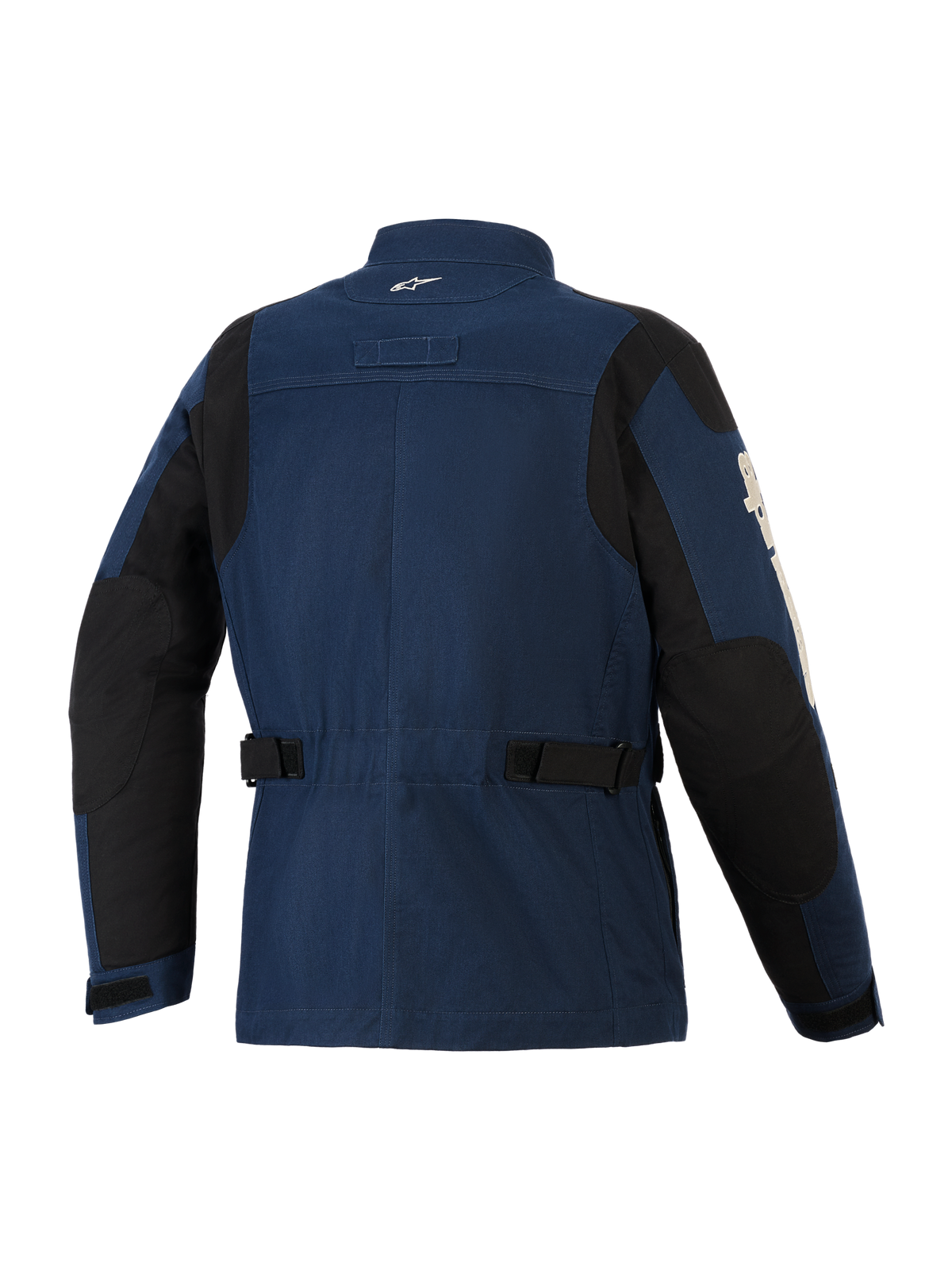 Alpinestars Dice Jacket, urban motorcykeljacka, mörkblå och svart, vy bakifrån som visar fältjackestil, justerbara midjeremmar, svarta förstärkningspaneler på axlar och armbågar samt en liten vit logotyp på kragen.