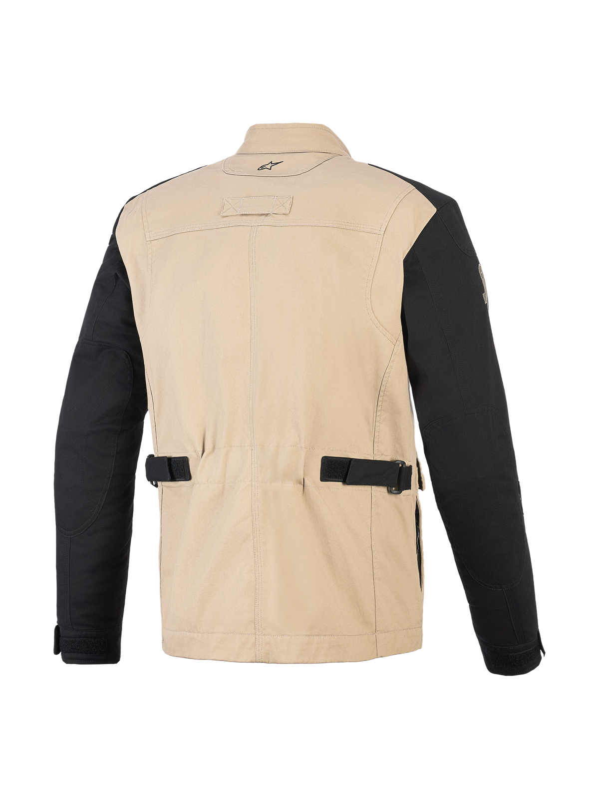 Alpinestars Dice-jacka, urban motorcykeljacka, Aluminum Black, vy bakifrån som visar beige kropp i polybomull och svarta ärmar, med justerbara midjeremmar, veckade axelpaneler och arbetsklädesinspirerad design