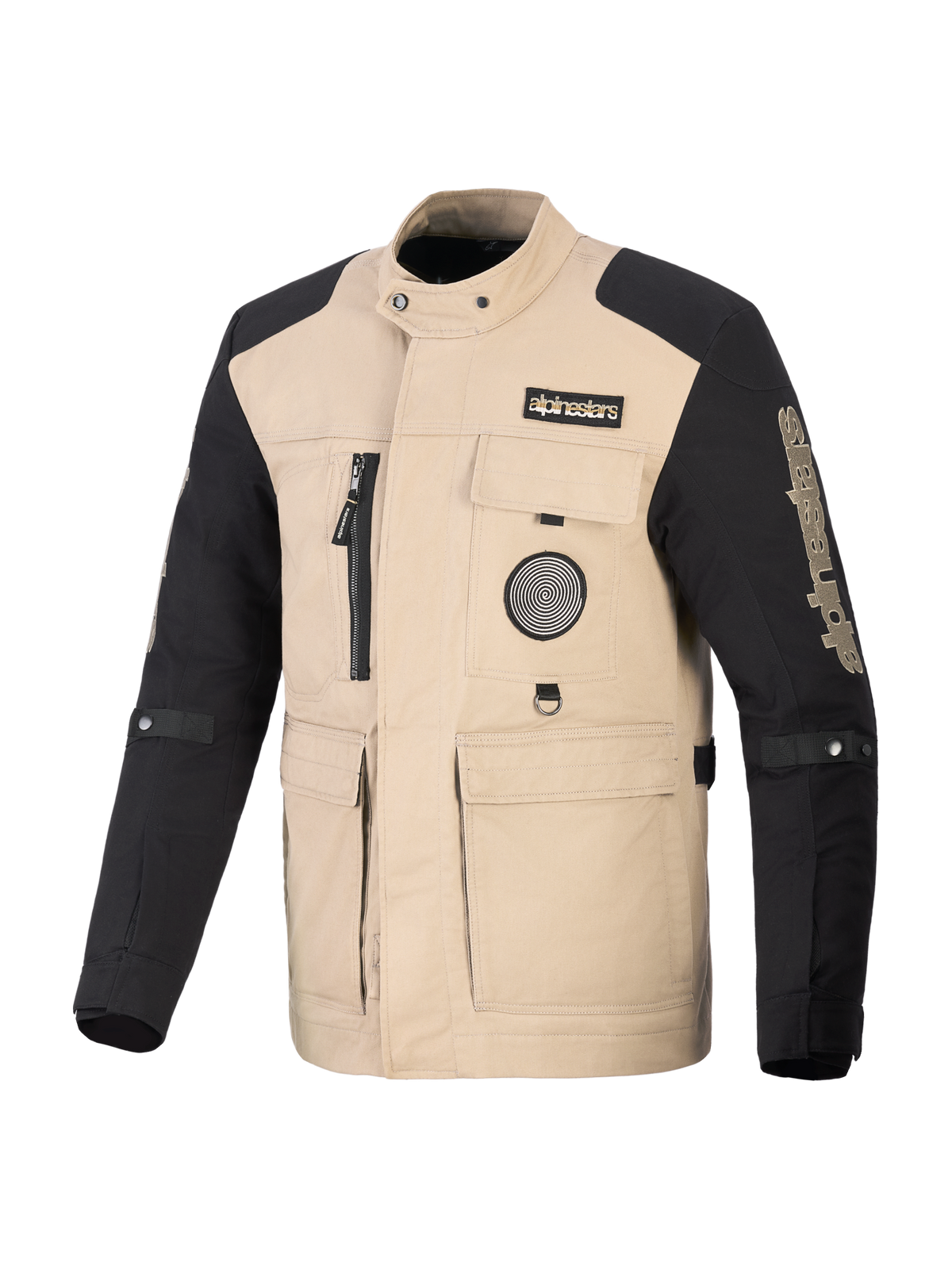 Alpinestars Dice Jacka, urban motorcykeljacka, tan och svart, arbetsklädesinspirerad design med fyra praktiska fickor fram och logotyplappar, robust textilkonstruktion för gatuprestanda