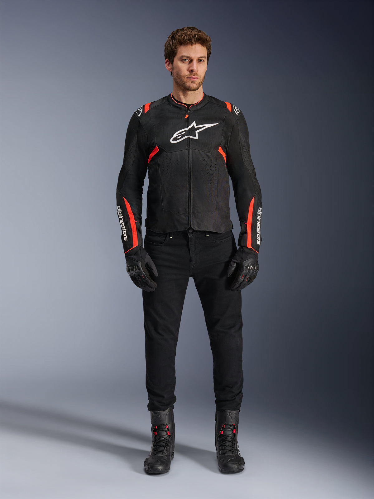Alpinestars T-SPS Air V2 jacka, herr-MC-jacka i textil, svart och röd fluo, meshpaneler för luftflöde, CE-certifierad.