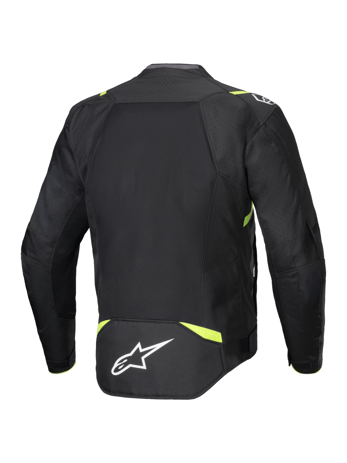 Alpinestars T-SPS Air V2-jacka, textiljacka för motorcykel, svart och neongul, vy bakifrån med stora meshpaneler för luftflöde, fluorescerande gula accenter på axlar och midja, vit Alpinestars-logotyp på nedre delen av ryggen