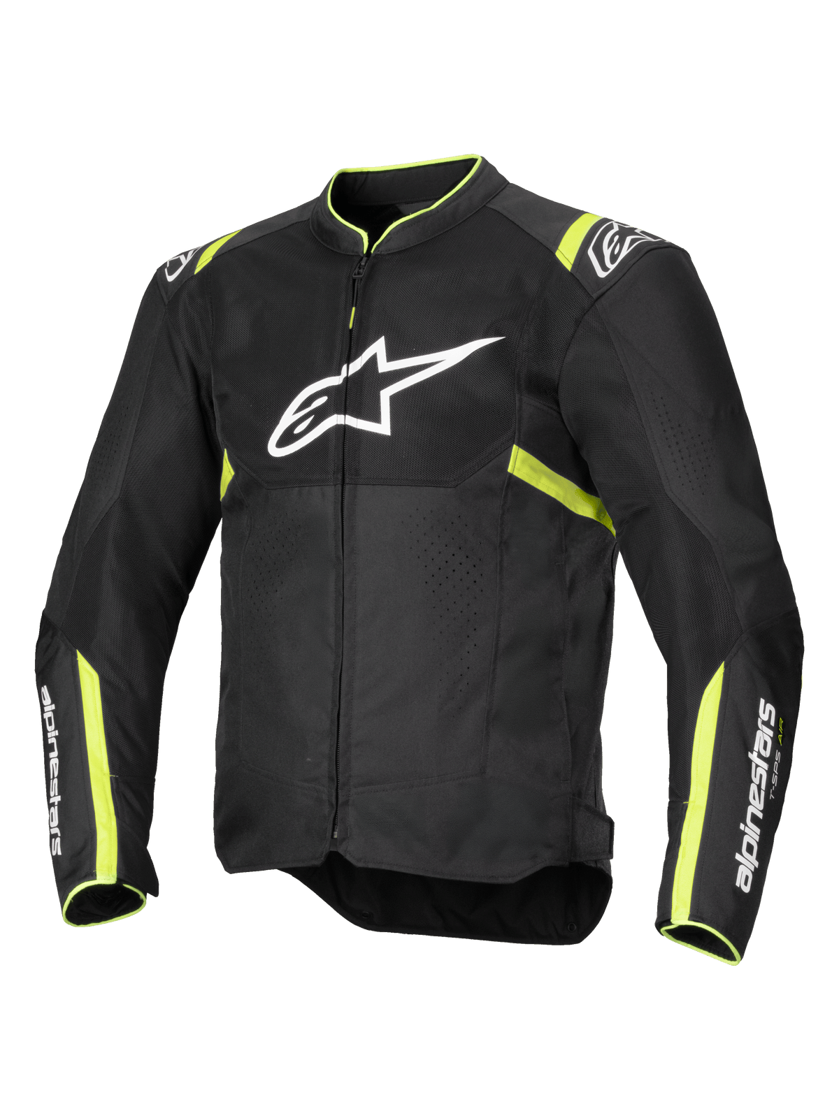 Alpinestars T-Sps Air V2-jacka, motorcykeljacka, svart och gul fluo, med en stor vit logotyp på bröstet, meshpaneler för ventilation, fluorescerande gula detaljer på axlar och ärmar, sportig textildesign