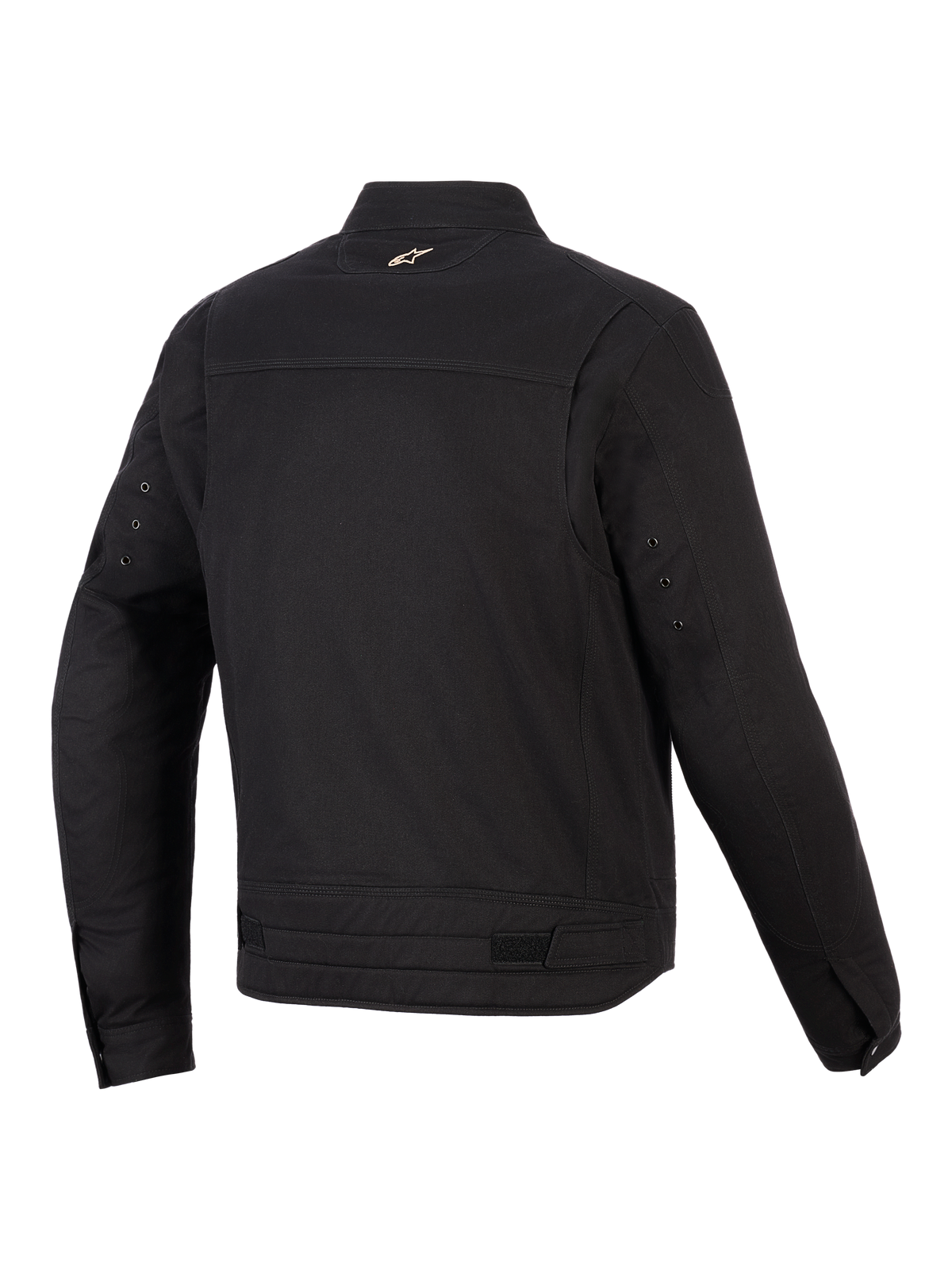 Alpinestars Bruiser-jacka, urban motorcykeljacka, svart, baksida som visar artikulerade axelpaneler, midjejusteringar och en liten broderad logotyp på kragen, robust arbetsklädesinspirerad textildesign