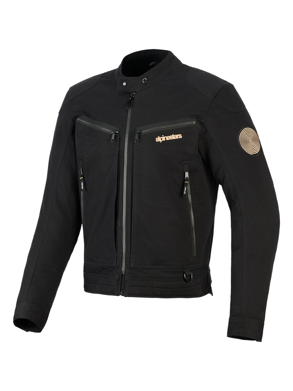 Alpinestars Bruiser-jacka, svart urban motorcykeljacka, bröst- och handfickor med dragkedja, guldfärgad logotyp och Oscar-spiralmärke på axeln, arbetsklädesinspirerad textildesign