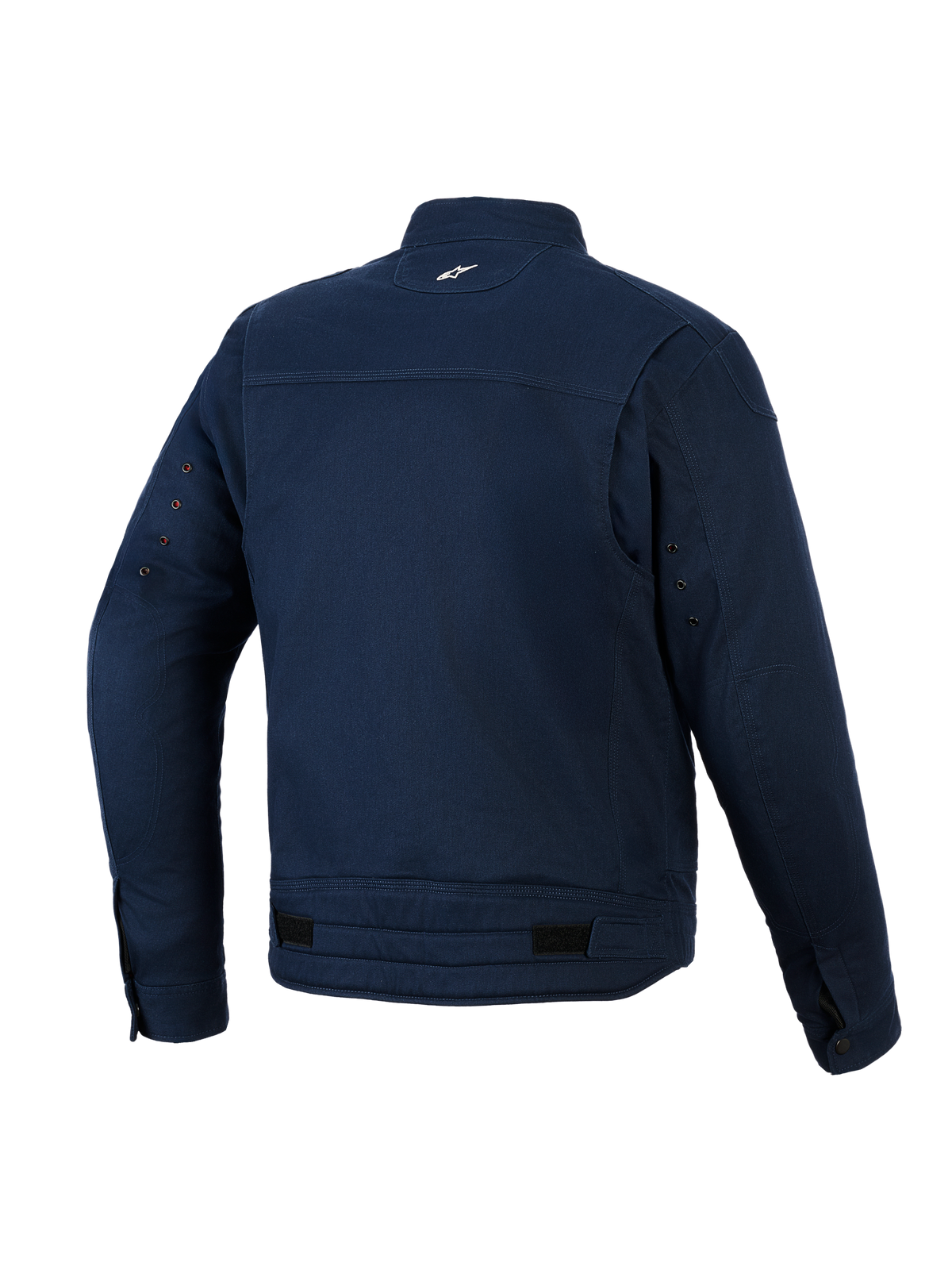 Alpinestars Bruiser-jacka, urban motorcykeljacka, mörkblå, baksida med konstruktion i stretch-polybomullstwill, liten vit logotyp i nacken, ventilationsöljetter på ärmarna och justerbara midjeflikar.