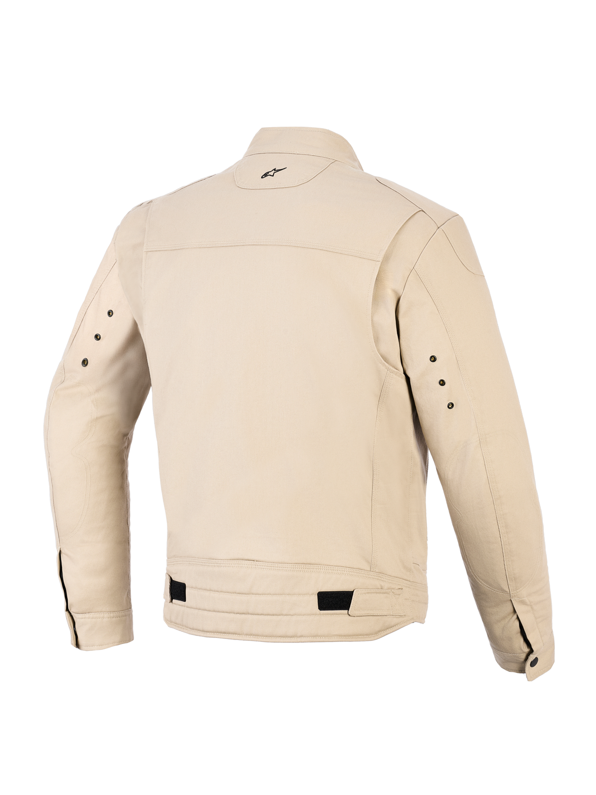 Alpinestars Bruiser-jacka, urban motorcykeljacka, färgen Aluminum (beige), baksida med veckade axelpaneler, justerbara midjeremmar med svarta flikar, liten broderad logotyp i nacken och metallöljetter på baksidan av ärmarna