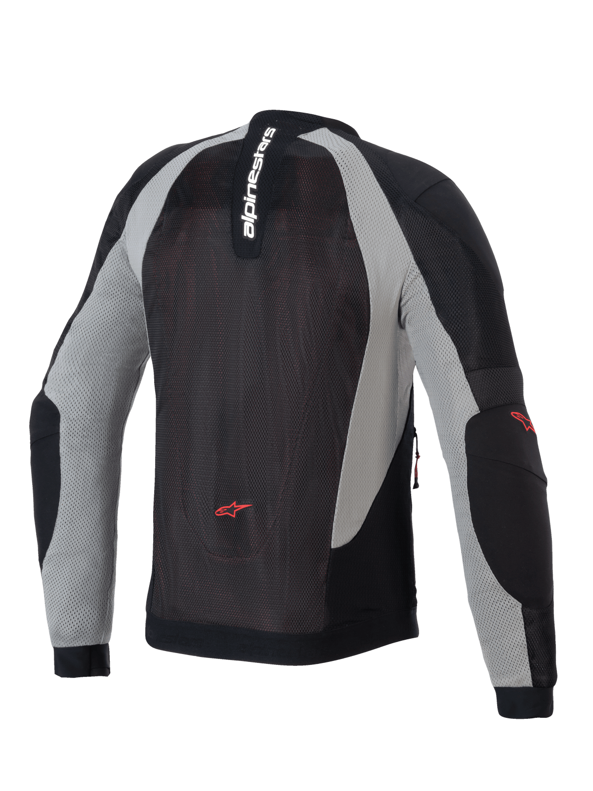 Alpinestars Troop-Air-jacka, motorcykeljacka, svart, askgrå och klarröd, vy bakifrån som visar teknisk mesh-konstruktion, vertikal Alpinestars-logotyp på kragen och röda stjärnlogotyper på ländryggen och armbågarna.