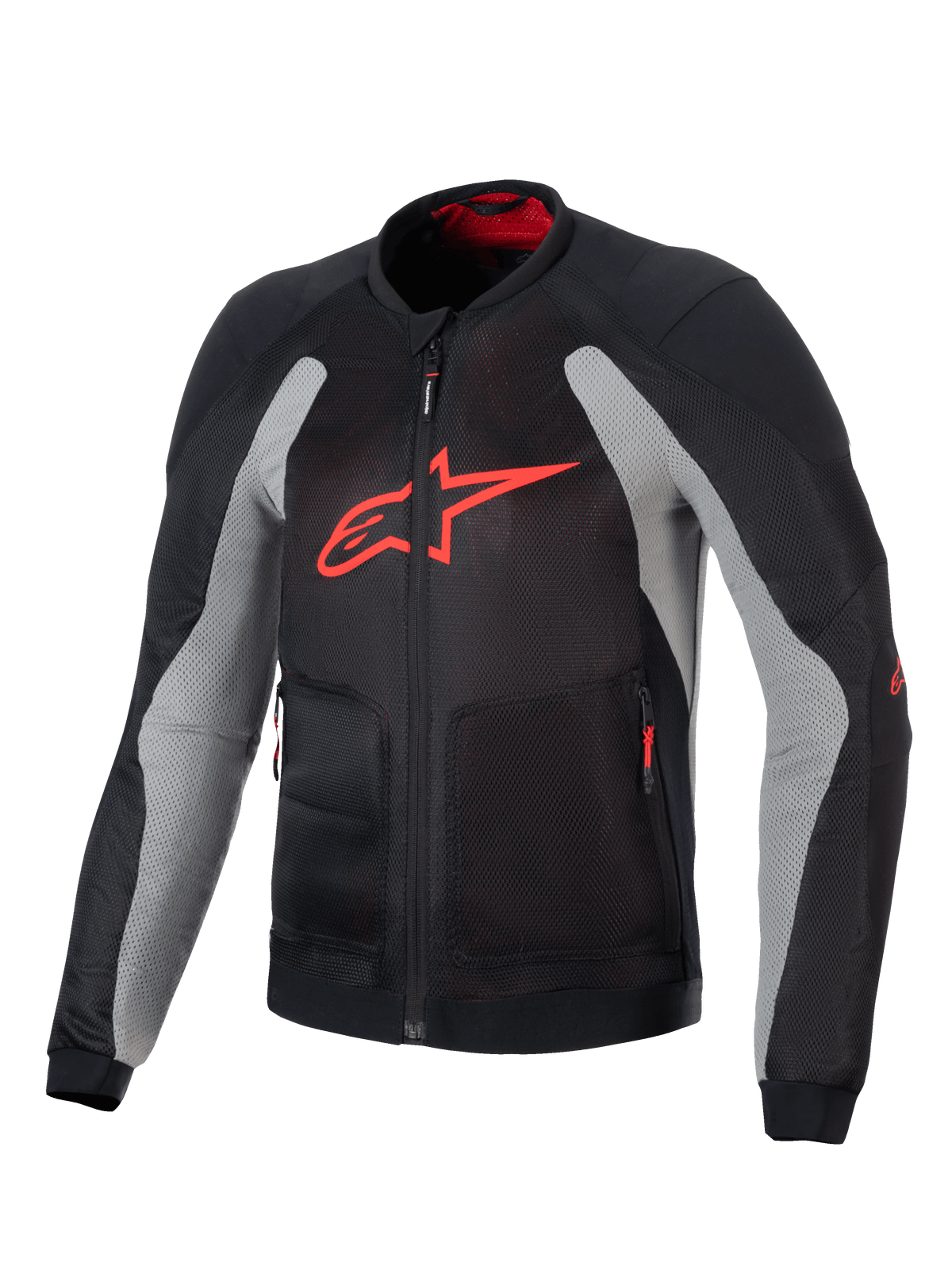 Alpinestars Troop-Air-jacka, teknisk motorcykeljacka, svart och askgrå med klarröd, med en stor röd A-star-logotyp på bröstet, mesh-konstruktion för luftflöde och teknisk kördesign.