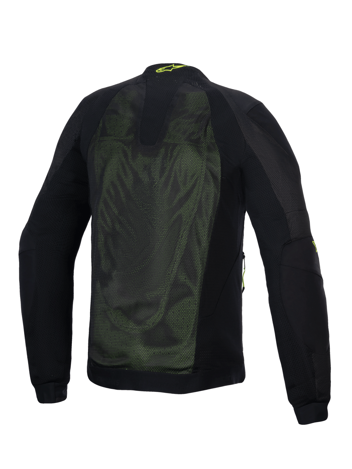 Alpinestars Troop-Air Jacka, teknisk motorcykeljacka i mesh, Black Yellow Fluo, vy bakifrån med stora 2D-paneler i teknisk mesh för luftflöde, gul Alpinestars-logotyp på kragen och förstärkta textilärmar.