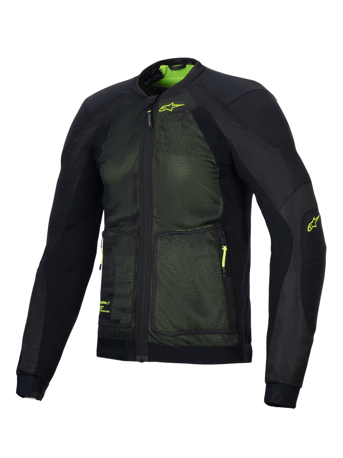 Alpinestars Troop-Air-jacka, avancerad ventilerad motorcykeljacka, svart och neongul, med 2D-teknisk mesh-konstruktion för optimalt luftflöde, neongul Alpinestars-logotyp på bröstet och ärmen, lätt design med god andningsförmåga för sommarkörning på väg