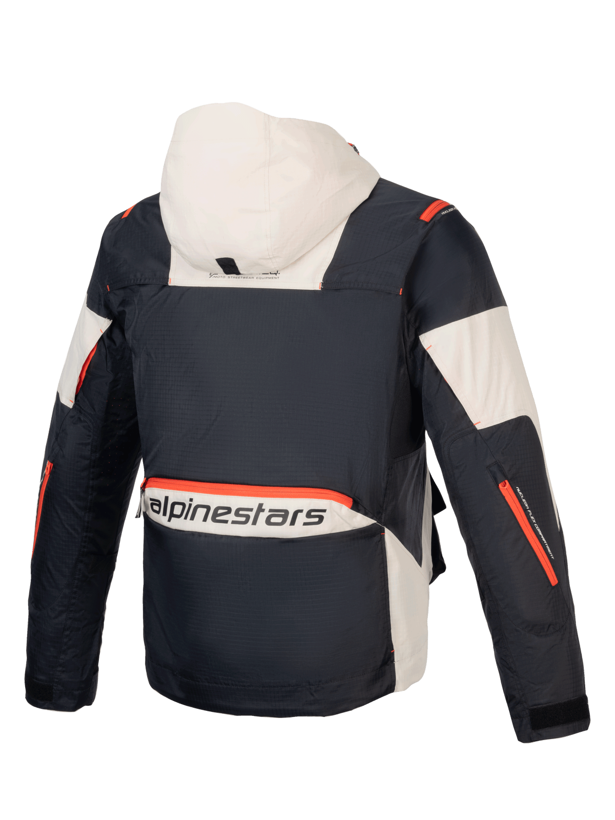 Alpinestars Mogress Air jacka, urban MC-jacka för herrar, svart och mandelvit med orange detaljer, huva och ripstop-textil.