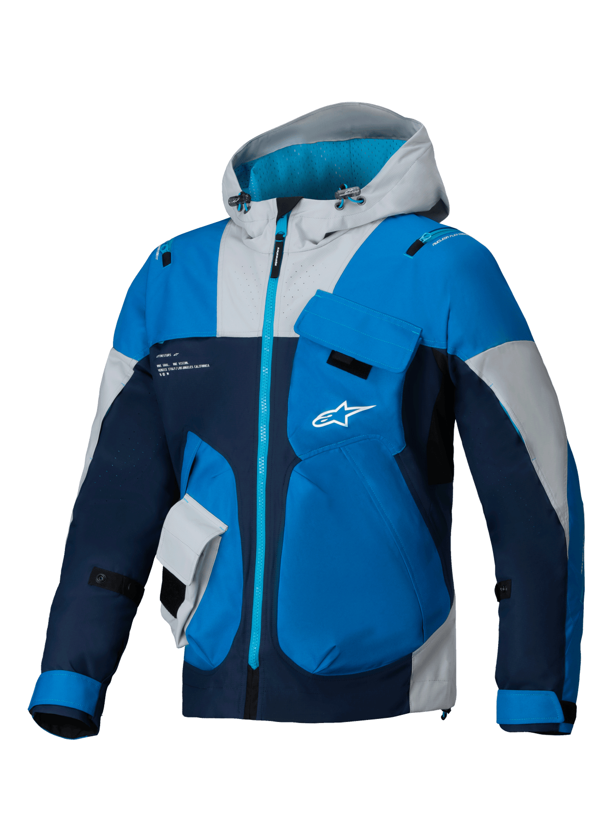 Alpinestars Mogress Air jacka, blå och marinblå urban motorcykeljacka i ventilerad ripstop med huva, CE-certifierat skydd.