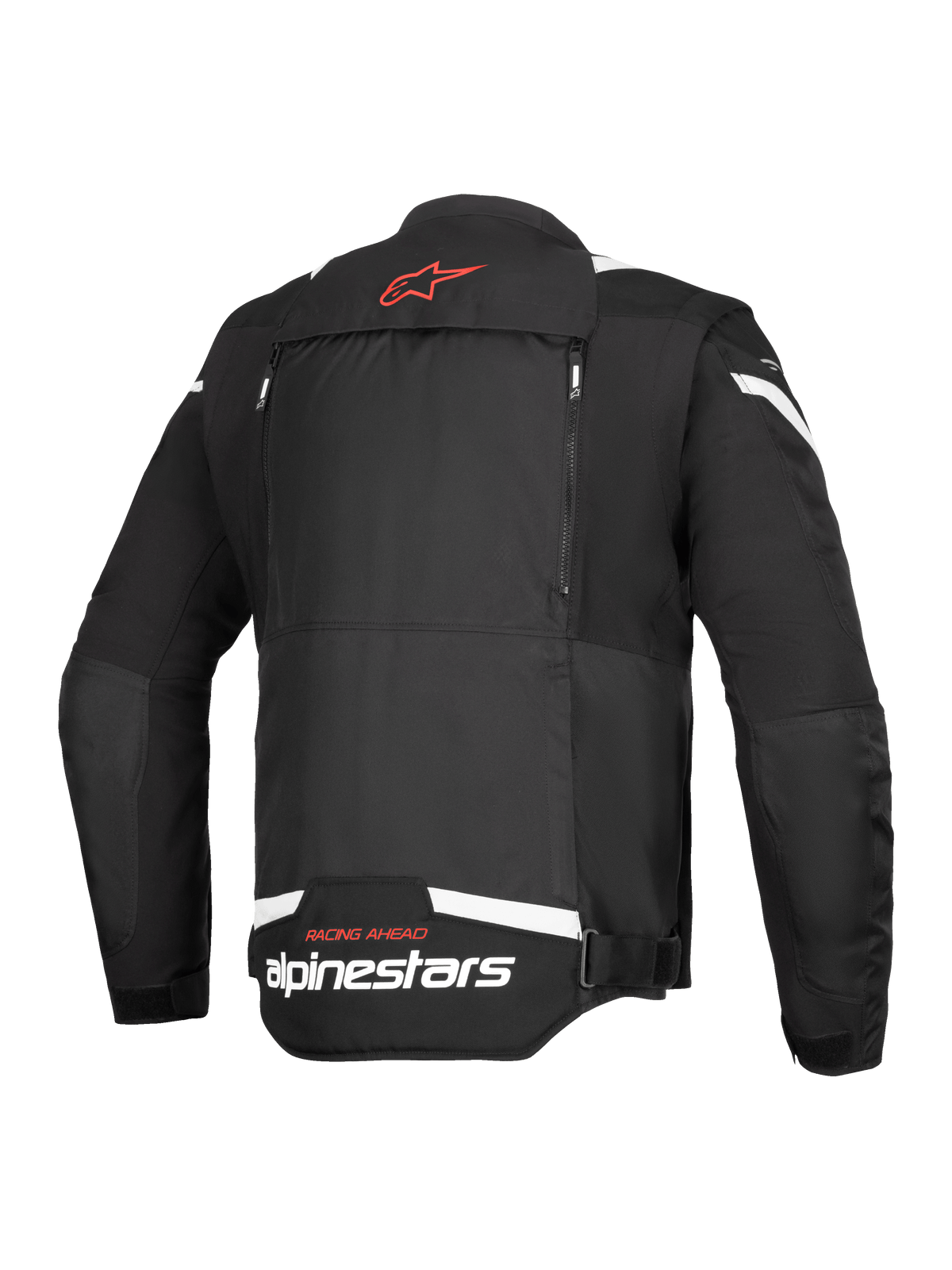 Alpinestars T-Stunt Air Jacka, vy bakifrån, svart och vit, med en röd stjärnlogotyp i nacken, vit logotyp på nedre delen av ryggen och vertikala dragkedjor för det modulära luftflödessystemet.