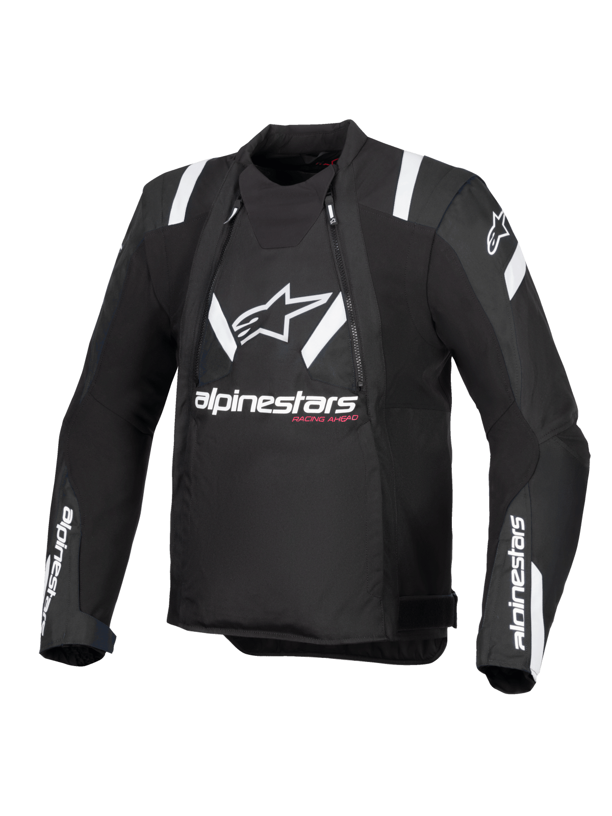 Alpinestars T-Stunt Air-jacka, svart och vit, frontvy av en sportigt skuren motorcykeljacka, med en stor vit Alpinestars-logotyp och text på bröstet, vita detaljer på axlarna och mesh-paneler för modulär ventilation