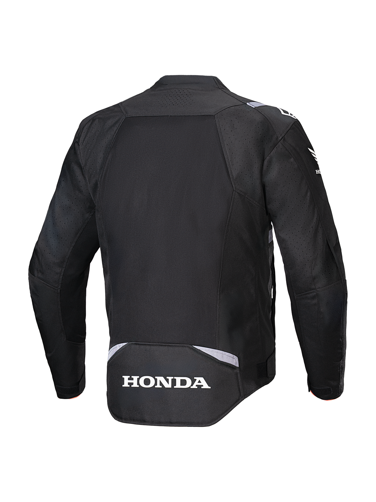 Alpinestars Honda T-SPS Air V2-jacka, svart, vy bakifrån med en stor meshpanel för luftflöde, vit Honda-logotyp på nedre ryggen och Alpinestars-märkning på axlarna, textiljacka för motorcykel för sommarkörning.