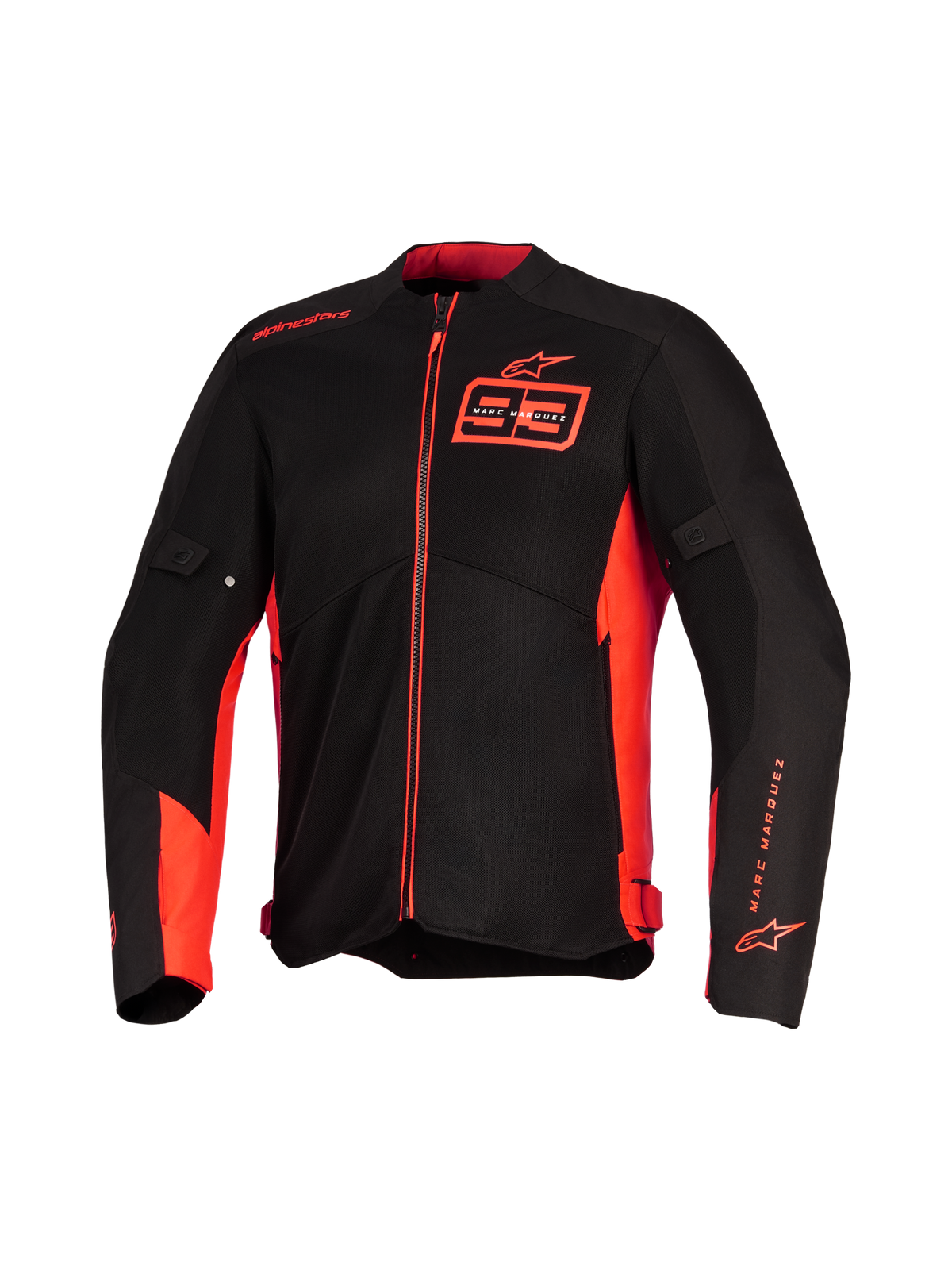 Alpinestars MM93 C-1 Air Jacket, Motorcycle Jacket, Red Fluo Bright Red and Black, featuring Marc Marquez 93 branding on the chest and sleeve, technical mesh panels for airflow, sleek urban design