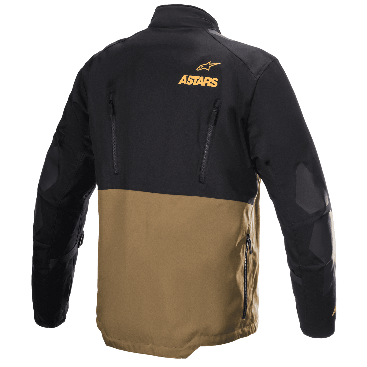 Alpinestars Venture XT Jacket, Adventure Touring Motorcycle Jacket, Camel and Black, rear view showing orange Astars logo, vertical ventilation zippers, and reinforced elbow panels