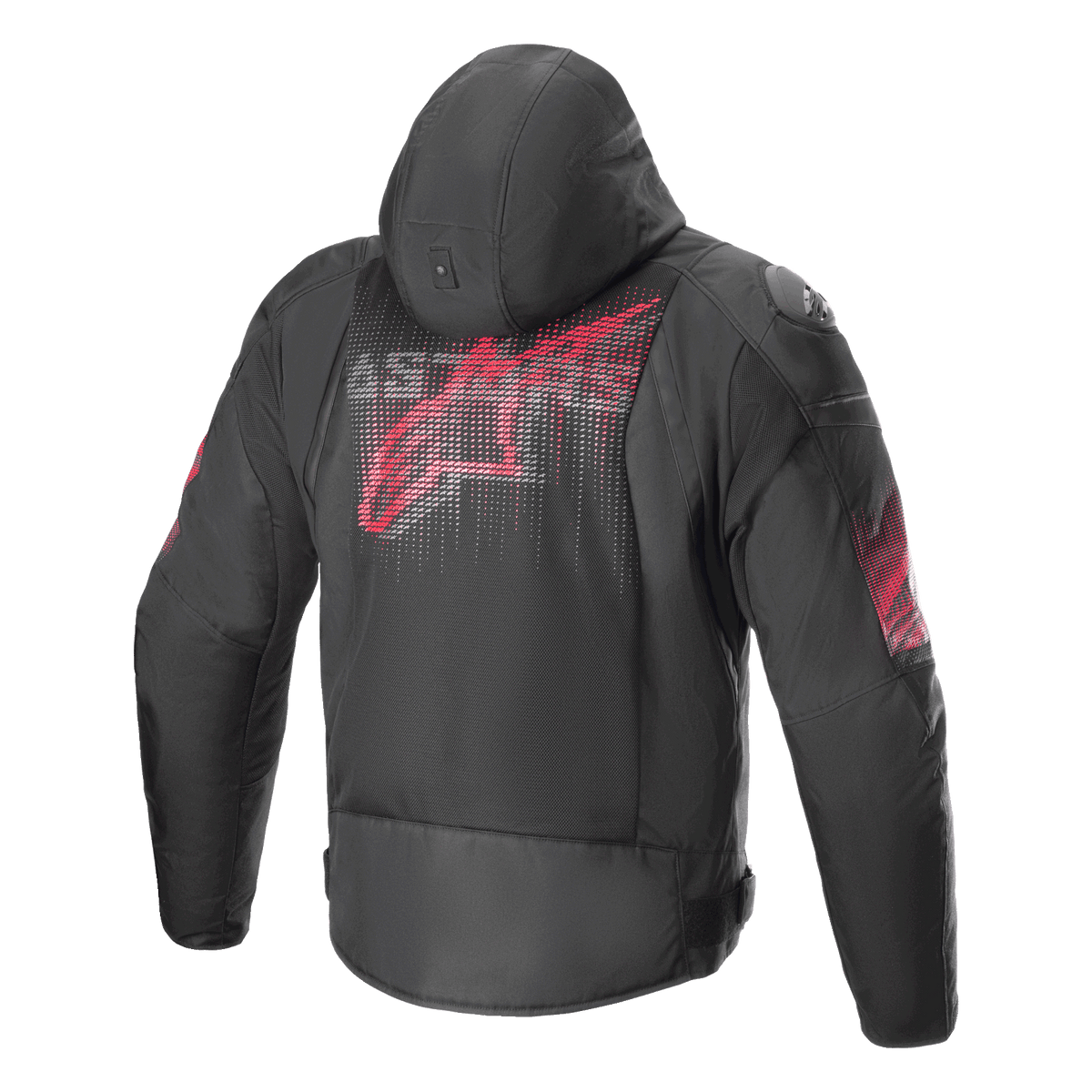 Alpinestars Zaca Air Venom WP-jacka, svart och klarröd, baksida med en stor stiliserad röd logotyp på ryggen, textiljacka för motorcykel med 3D-meshpaneler, avtagbar huva och DFS Lite-axelskydd, sportig mc-utrustning.