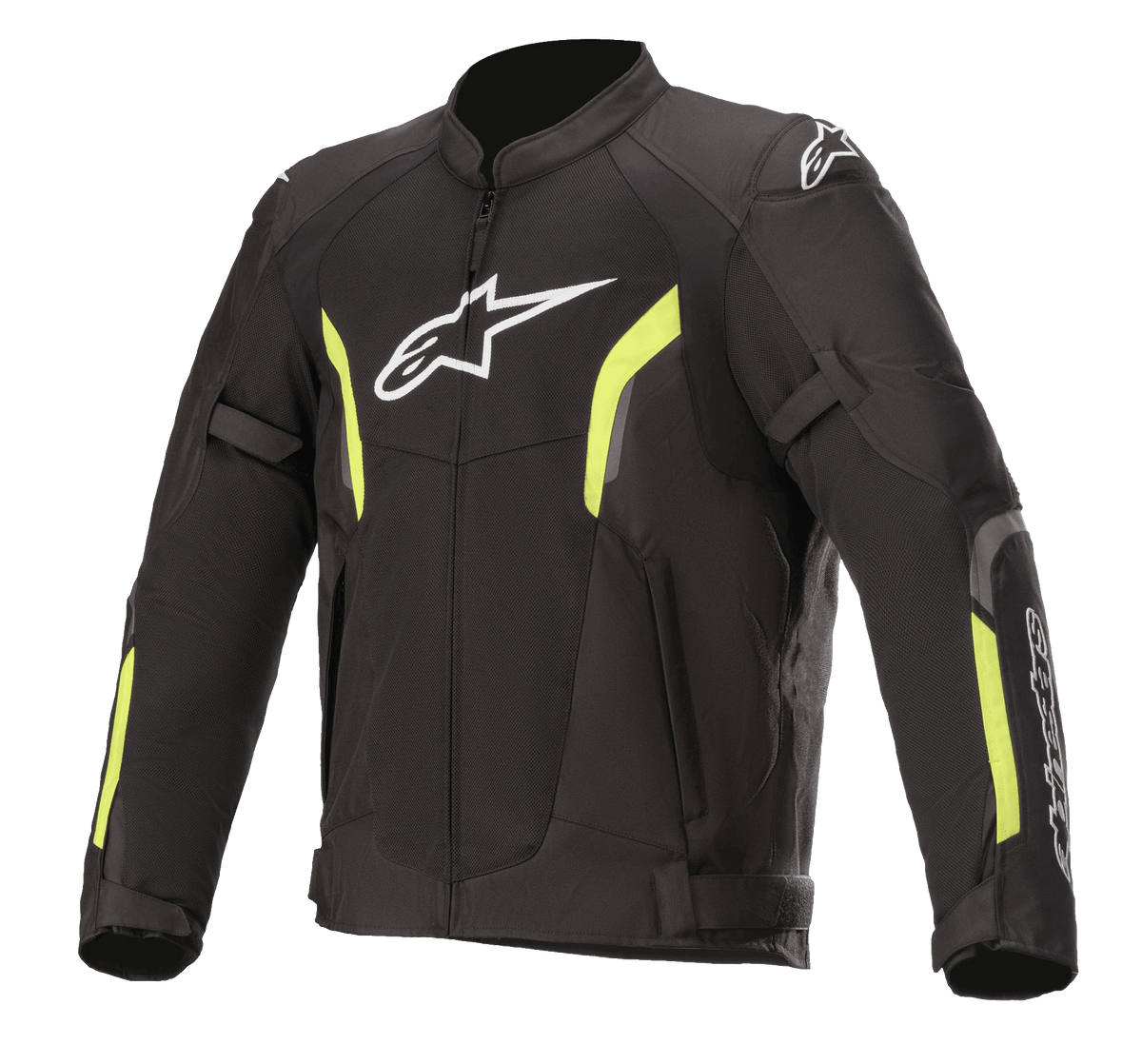 Alpinestars AST V2 Air Jacket, motorcykeljacka i mesh, svart och neongul, vit Astars-logotyp på bröstet, stora meshpaneler för ventilation, neongula detaljer på ärmar och bröst, samt justerbara remmar på armarna för en sportig och skyddande passform