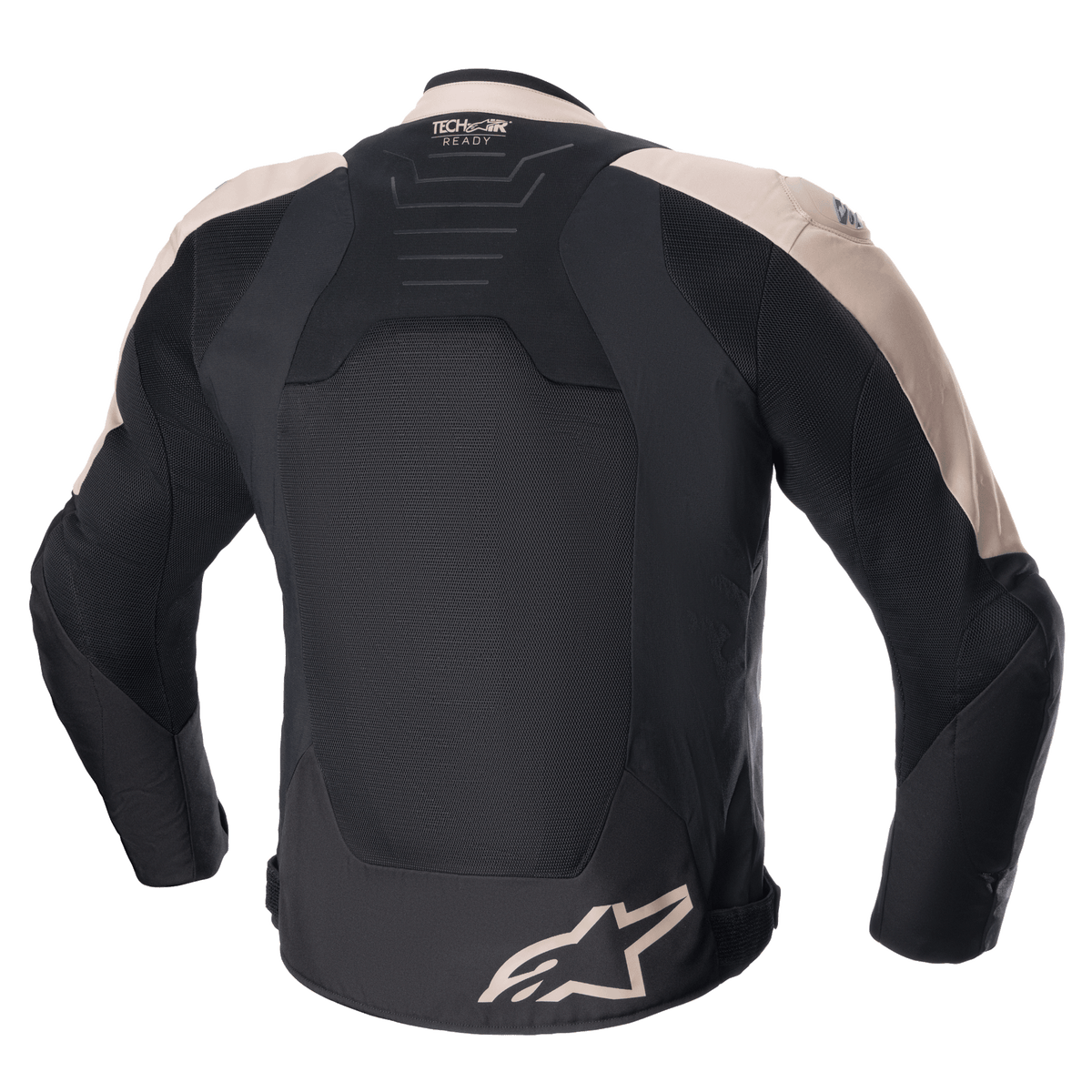 Alpinestars SMX Air-jacka, sportjacka för motorcykel, ljusbrun och svart, baksida med ventilerade paneler i teknisk mesh, Tech-Air Ready-märkning på övre ryggen och Alpinestars-logotyp i nederkanten.