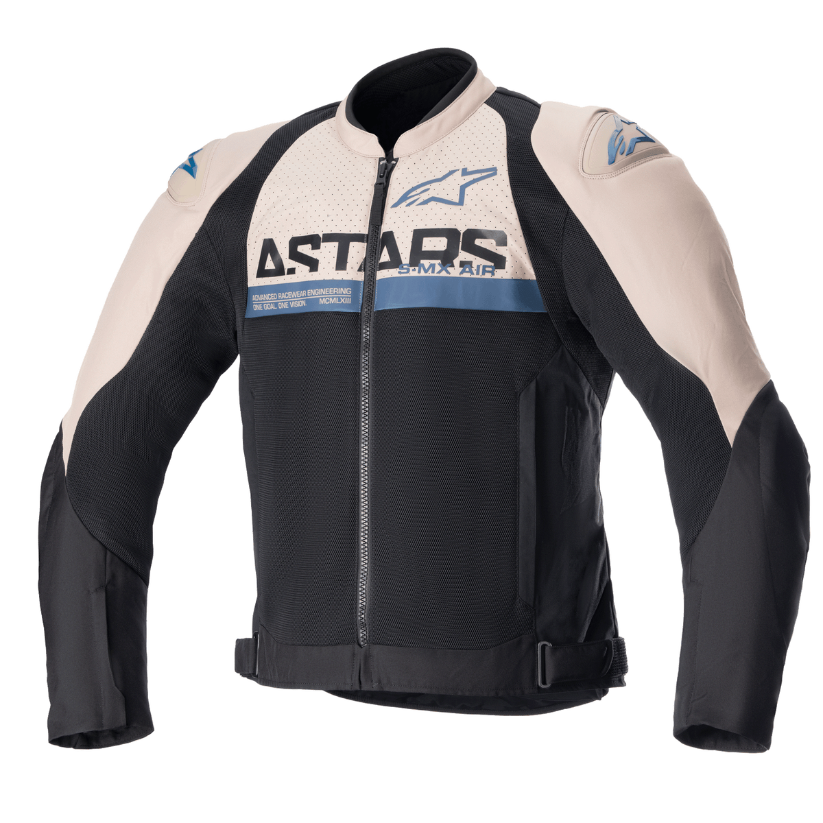 Alpinestars SMX Air Jacket, sportjacka för motorcykel, ljusbrun och svart med detaljer i sodalitblått, ventilationspaneler i mesh, ASTARS-logotyp på bröstet, dragkedja fram, justerbara midjeremmar, skyddande axelsliders