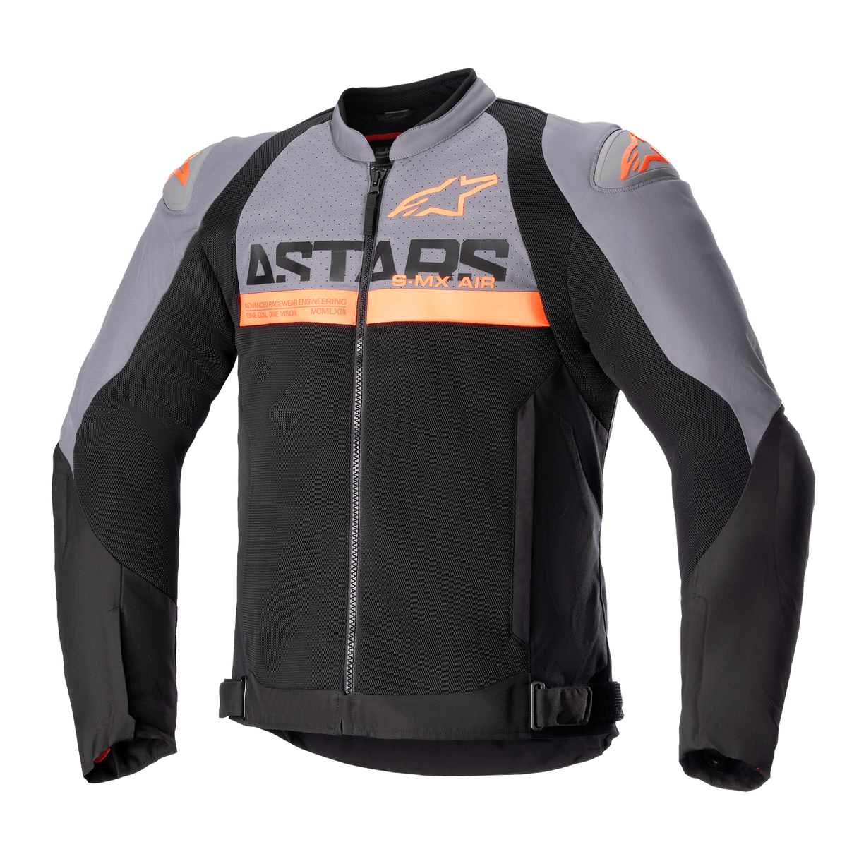 Alpinestars SMX Air Jacket, sportmotorcykeljacka, mörkgrå och svart med detaljer i neonorange, med perforerade tech-meshpaneler och tydlig ASTARS-logotyp på bröstet, långa ärmar, dragkedja fram och justerbara midjeremmar, teknisk ventilerad körutrustning.