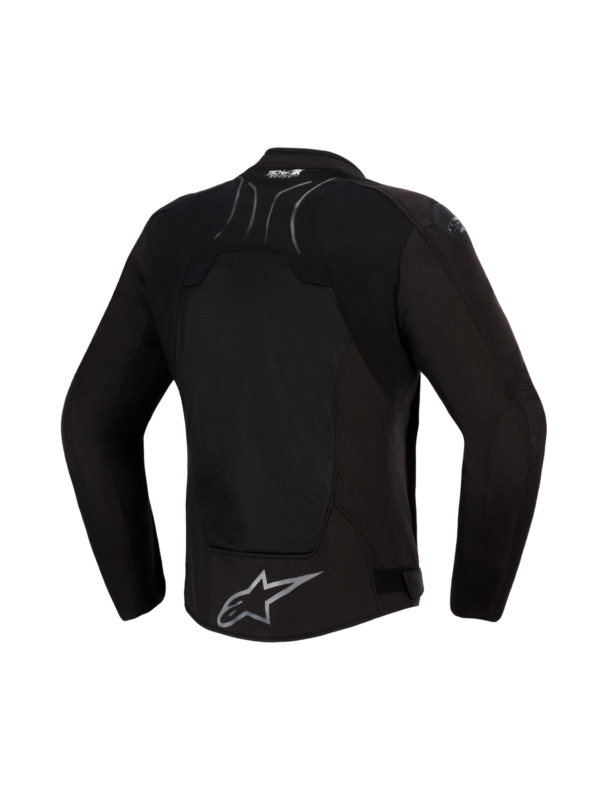 Alpinestars SMX Air Jacket, Black Anthracite, ryggvy, med en stor tech mesh-panel för ventilation, Tech-Air® Ready-märkning på övre delen av ryggen och silverfärgad Alpinestars stjärnlogotyp i nederkanten, designad för sportkörning i varmt väder.