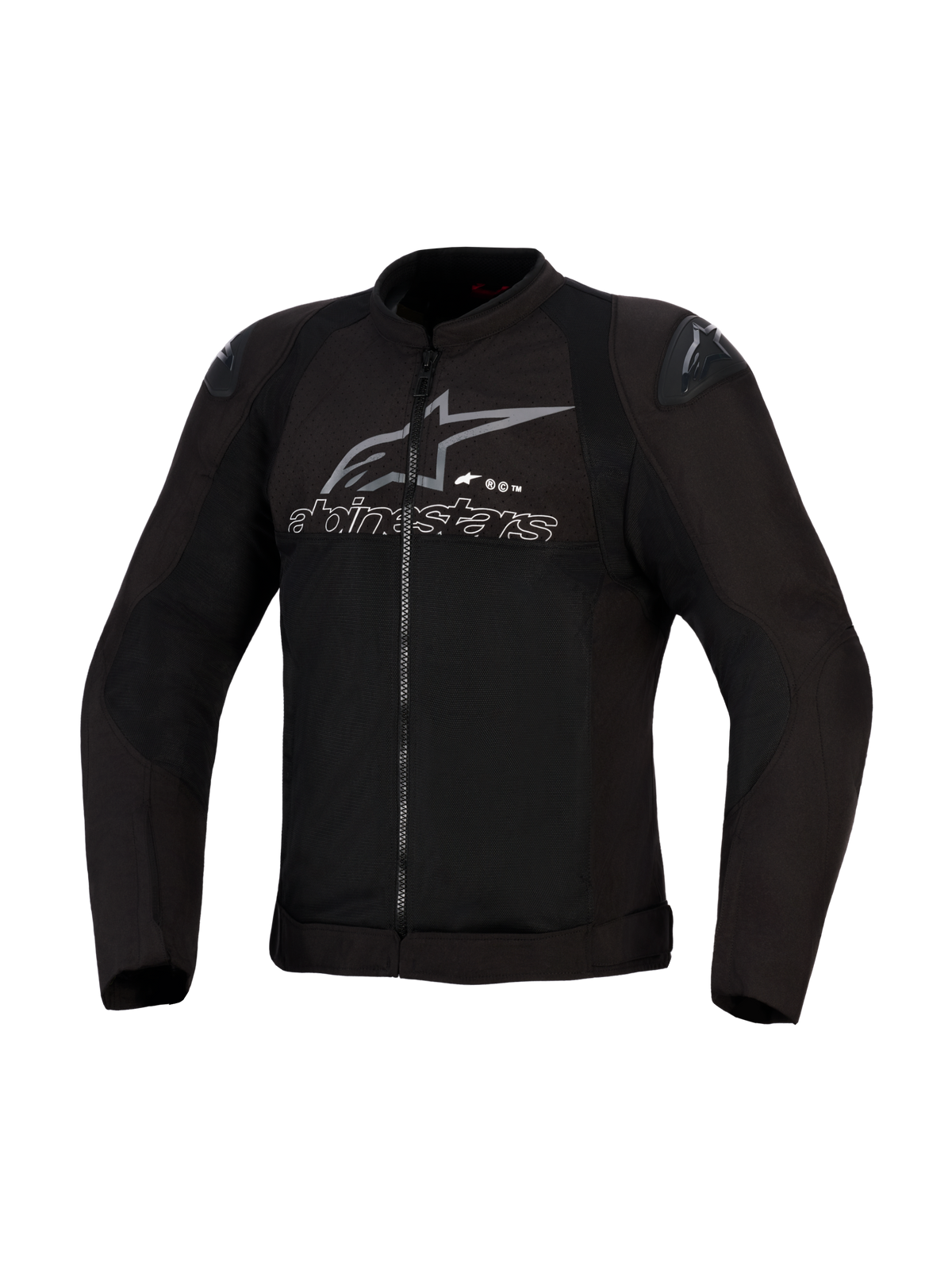 Alpinestars SMX Air-jacka, svart och antracit, ventilerad mc-jacka i textil, meshpaneler med högt luftflöde, DFS Lite-axelsliders, grå Alpinestars-logotyp och text på bröstet