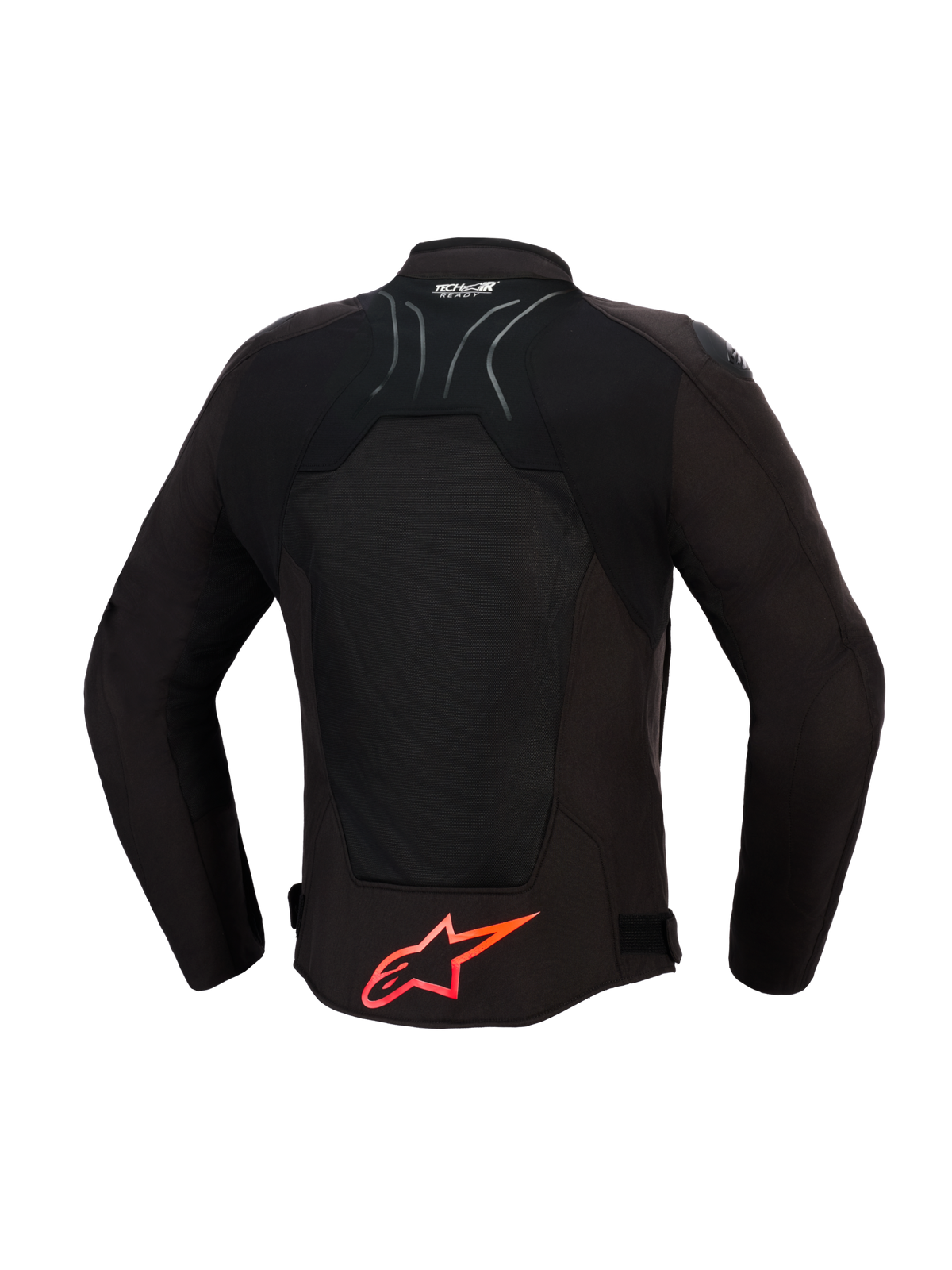 Alpinestars SMX Air Jacket, motorcykeljacka, svart med klarröda detaljer, ryggvy som visar tekniska meshpaneler för luftflöde, stor röd Alpinestars-logotyp på nedre delen av ryggen, Tech-Air Ready-logotyp på kragen, sportig design för högpresterande körning