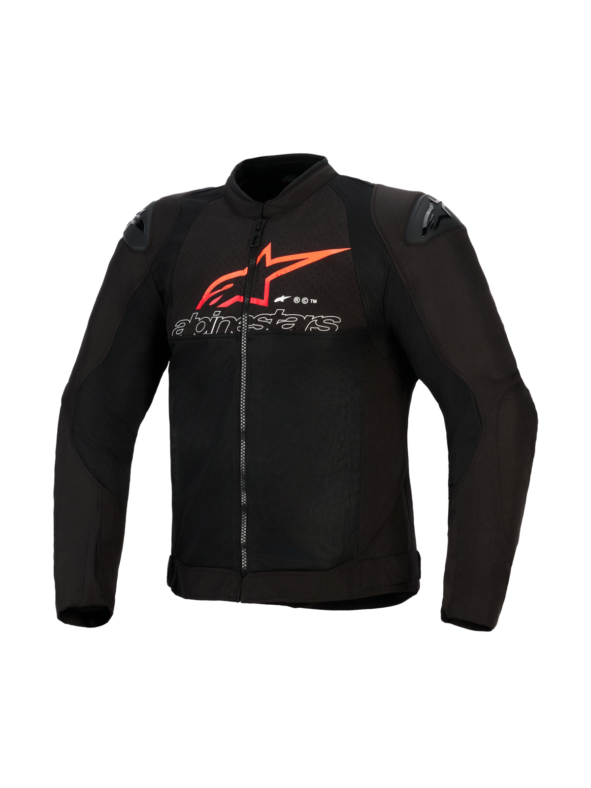 Alpinestars SMX Air Jacket, motorcykeljacka, svart med klaröda och vita accenter, med en stor röd Alpinestars-stjärnlogotyp och vit konturtext på bröstet, meshpaneler med svarta axelsliders, högpresterande sportkörningsutrustning