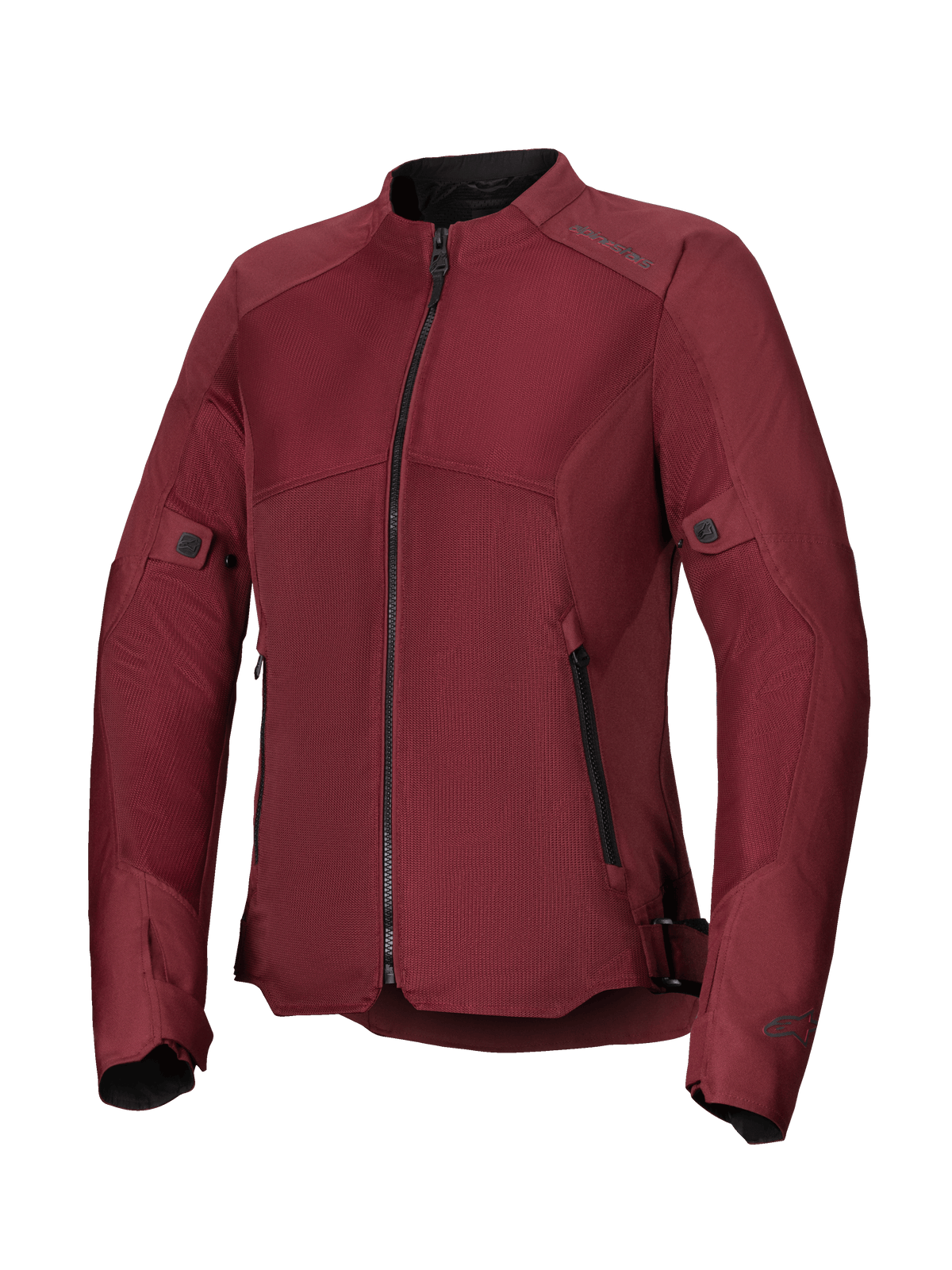Alpinestars Stella C-1 Air damjacka, vinröd motorcykeljacka, med stora tekniska meshpaneler för luftflöde, svart dragkedja fram, handfickor med dragkedja och justerbara flikar i midja och ärmar, designad för stadskörning