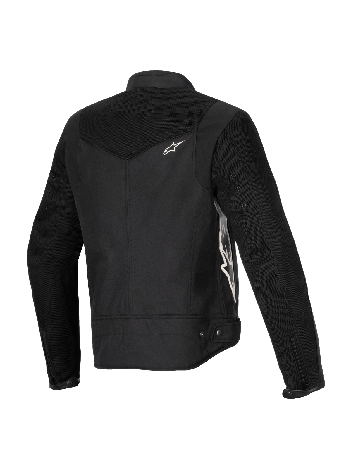 Alpinestars Stella T-Dyno Air Jacket, Women's Motorcycle Jacket, Black, rear three-quarter view featuring extended 3D mesh panels on the yoke and sleeves, white Alpinestars logo, and tailored textile construction for summer riding