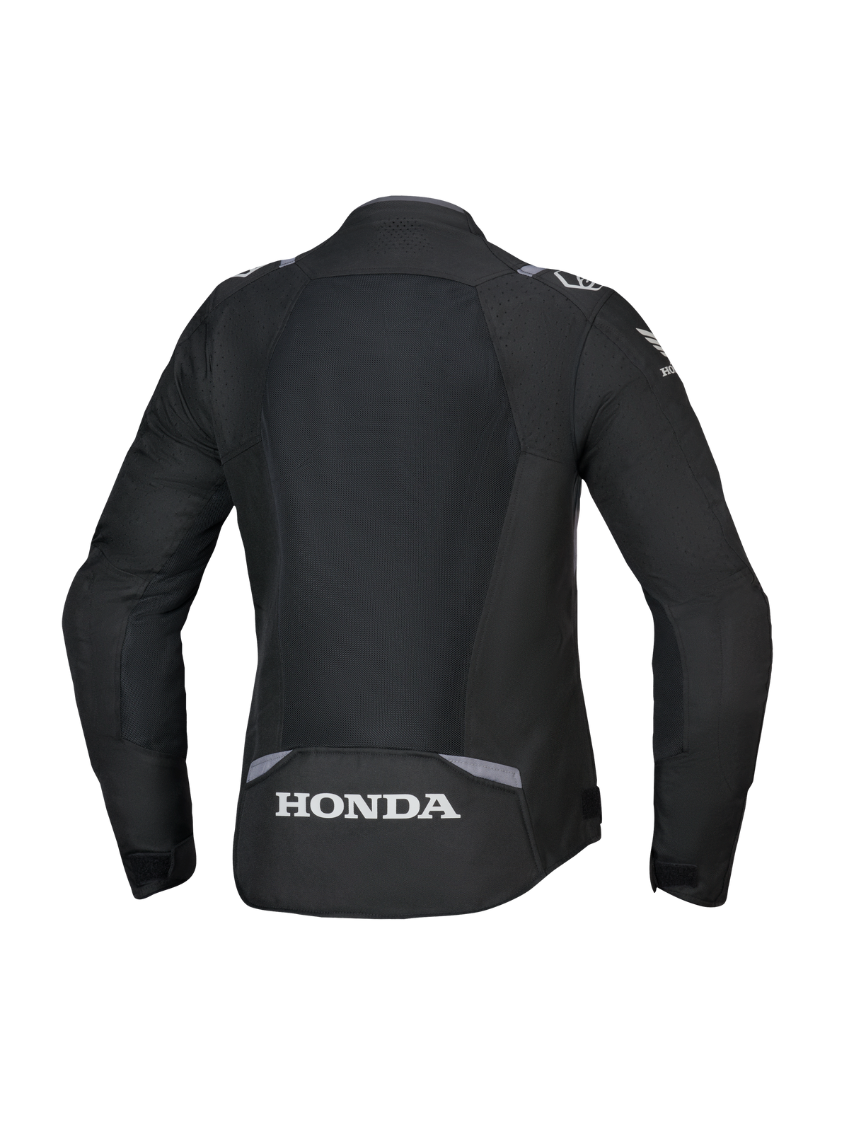Alpinestars Honda Stella T-SPS Air V2 damjacka, vy bakifrån, svart med mörkgrå och isgrå detaljer, med en stor tech-meshpanel på ryggen och vit Honda-logotyp nedtill, prestandainriktad dampassform