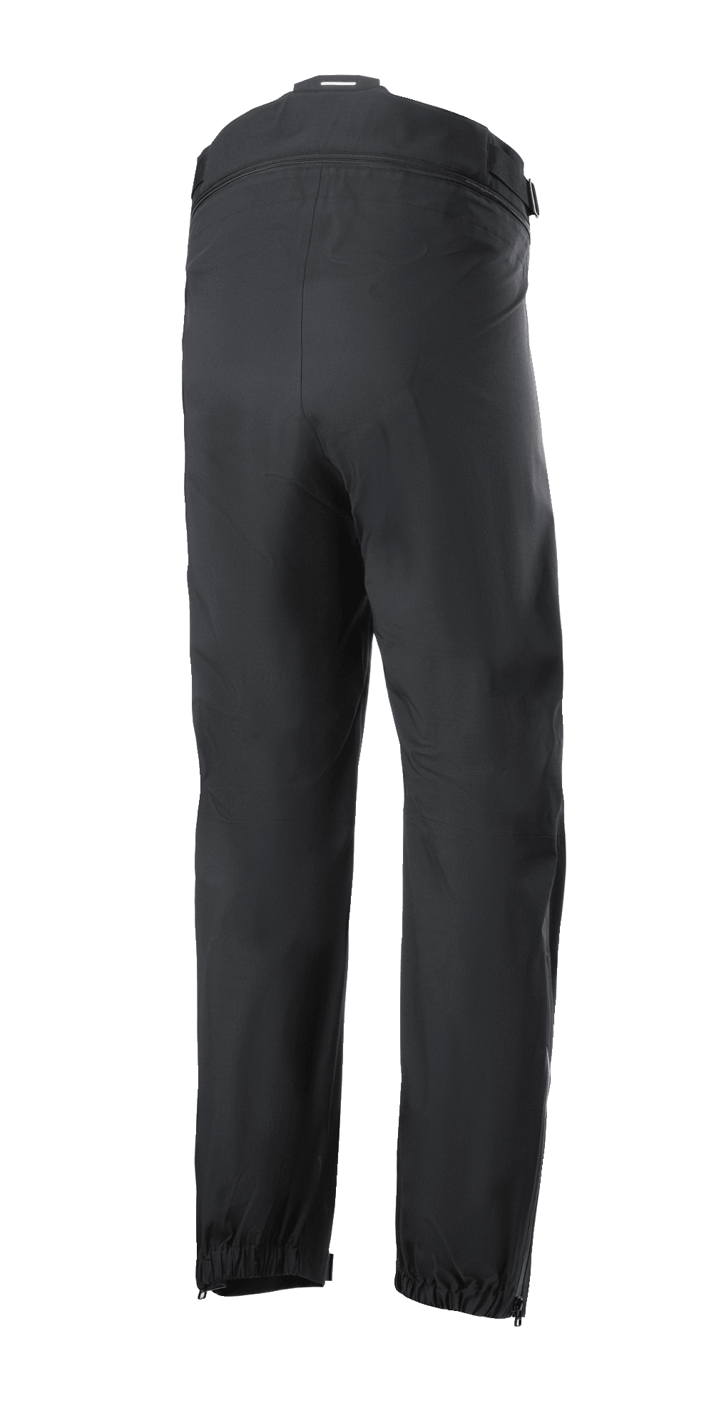 Alpinestars AMT Storm Gear Drystar® XF byxor, svarta överdragsbyxor för motorcykel, baksida med midjekoppling med dragkedja runt hela omkretsen, elastiska benslut och benöppningar med dragkedja för körning i vått väder.