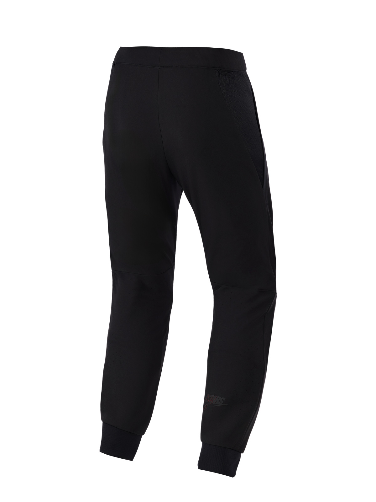 Alpinestars Aeroshell Airflow byxor, motorcykelbyxor, svarta, baksida med ett lätt stretch-softshell-chassi, integrerade 2D-meshpaneler för andningsförmåga, laserperforerade zoner på vaderna och en subtil Astars-logotyp på underbenet.