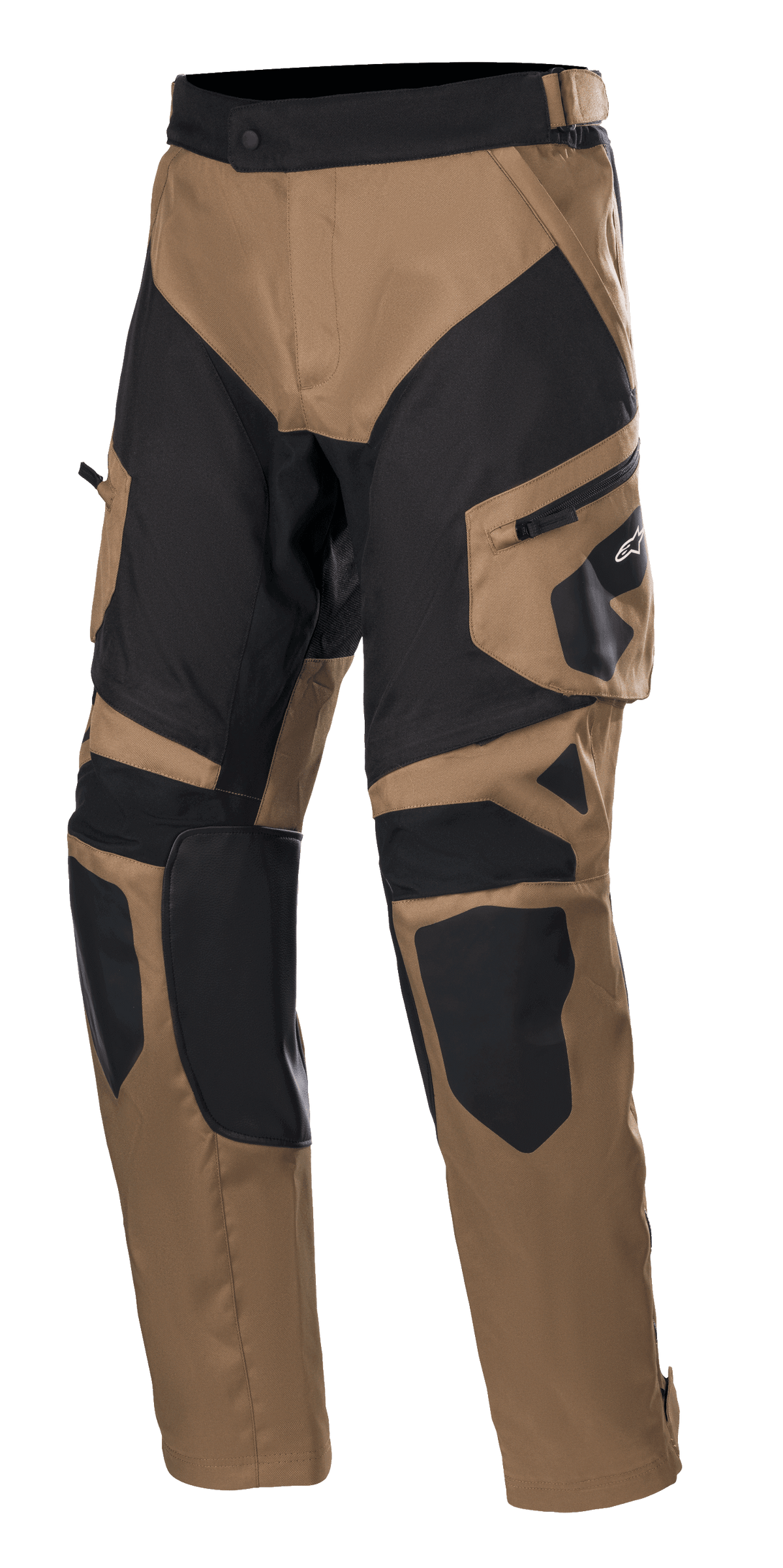 Alpinestars Venture XT Pants Over Boot, Adventure Touring Motorcycle Pants, Camel and Black, featuring reinforced knee and thigh panels, side cargo pocket with Alpinestars logo, and adjustable waist strap.