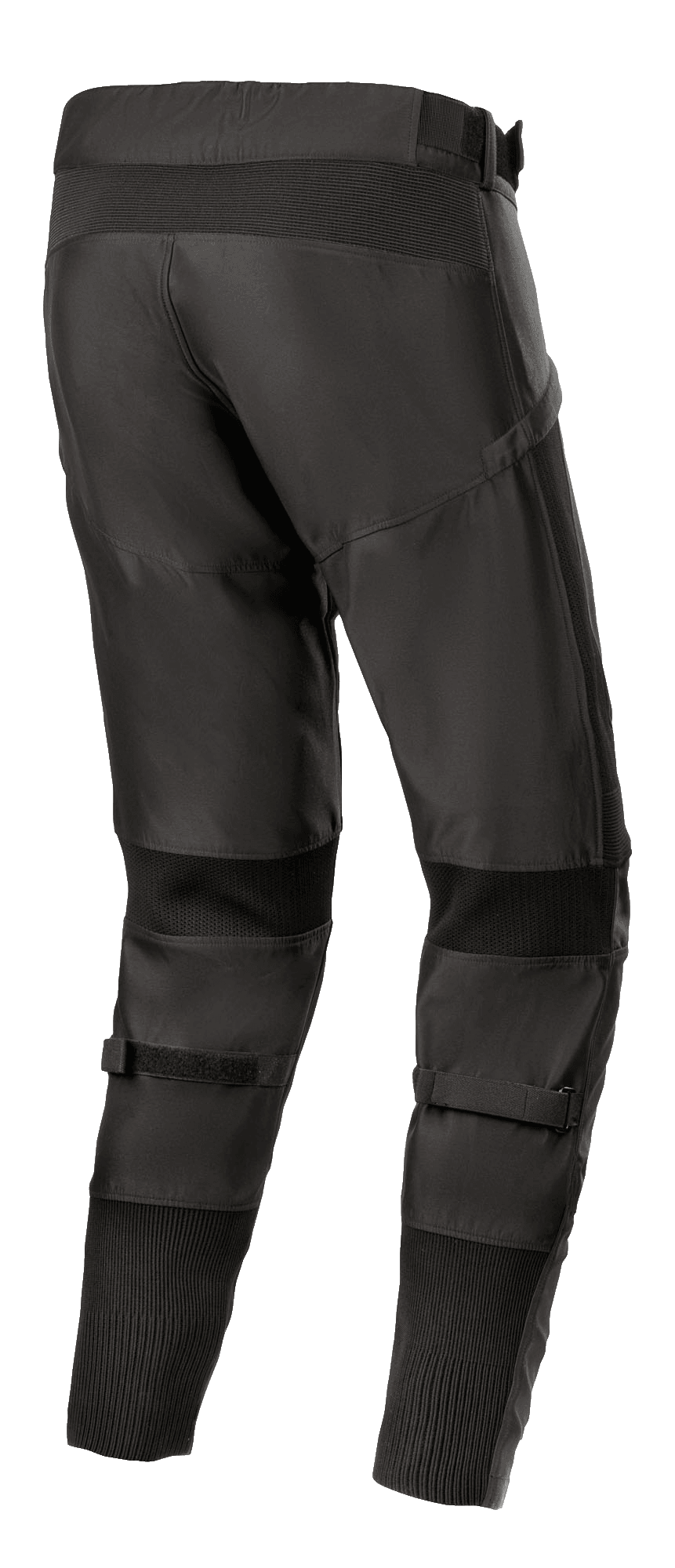 Alpinestars T SP-5 Rideknit®-byxor, motorcykelbyxor i textil, svarta, vy bakifrån som visar hög ryggprofil och avsmalnande passform, stickade stretchpaneler bakom knän och vrister, justerbara remmar vid vaderna, prestandautrustning för vägkörning