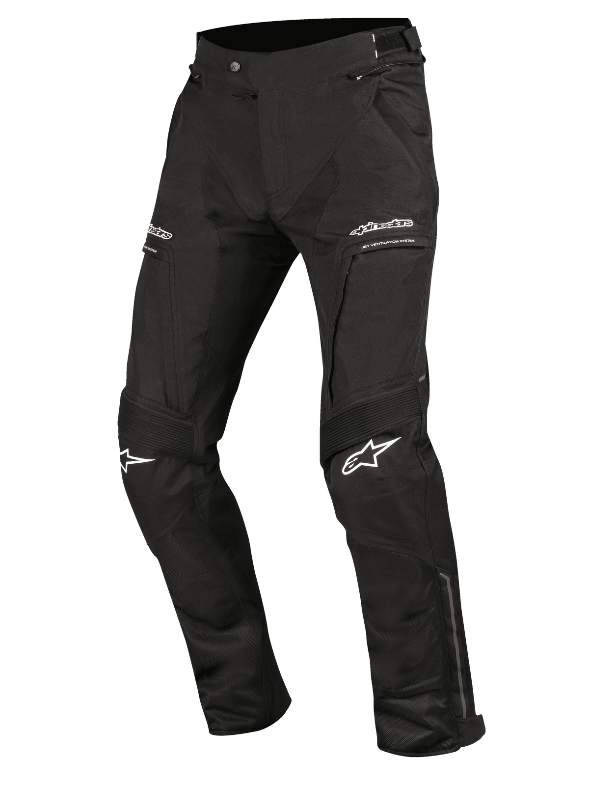 Alpinestars Ramjet Air byxor, motorcykelbyxor, svarta, med ventilationspaneler i mesh, dragspelsformade stretchpaneler på knäna, vita logotyper på lår och knän, fickor med dragkedja och hållbar flerpanelskonstruktion i textil för touring