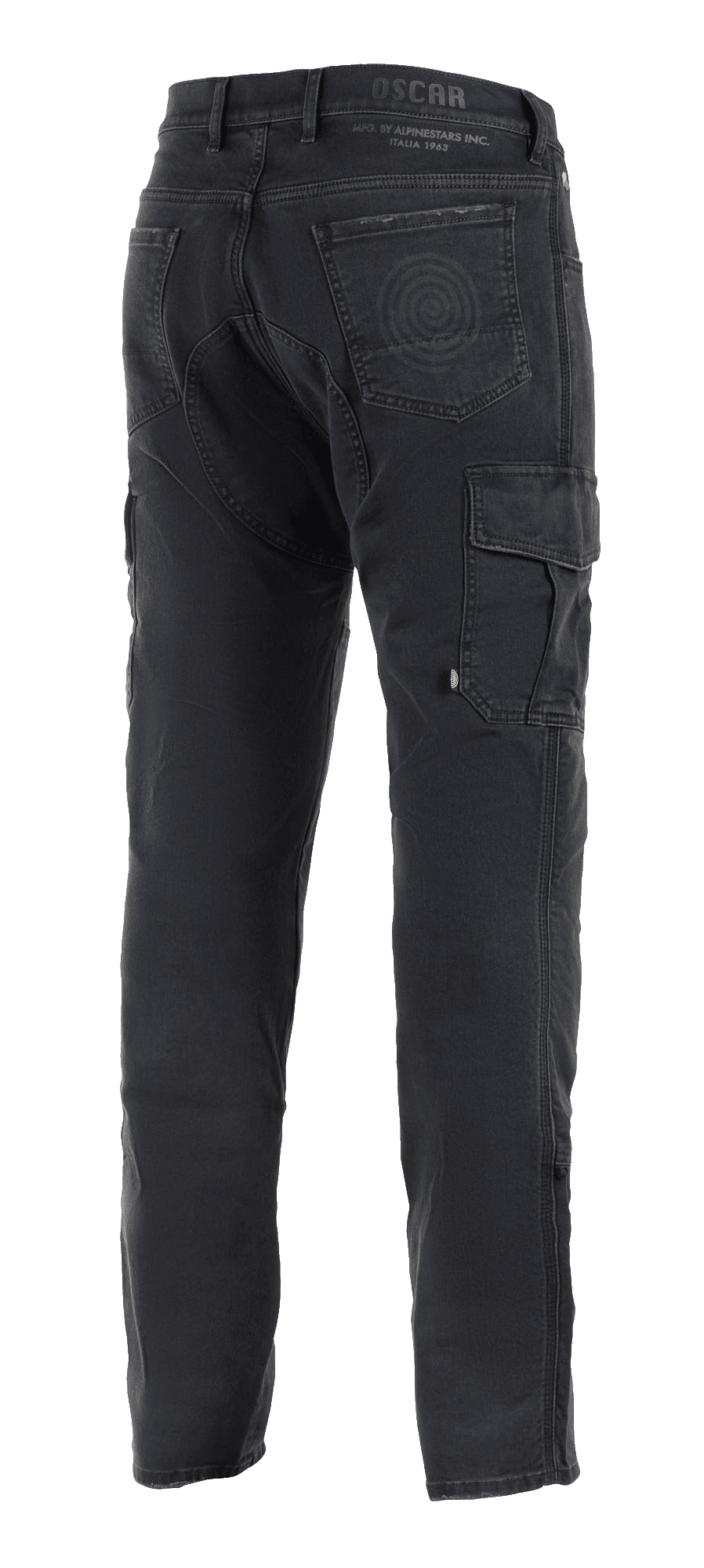 Alpinestars Barton Riding Cargo Pants, Black Motorcycle Riding Pants, rear view featuring cargo pocket on the side, back pockets with spiral logo detail, Oscar by Alpinestars branding on the waistband, casual denim-style knitted fabric.