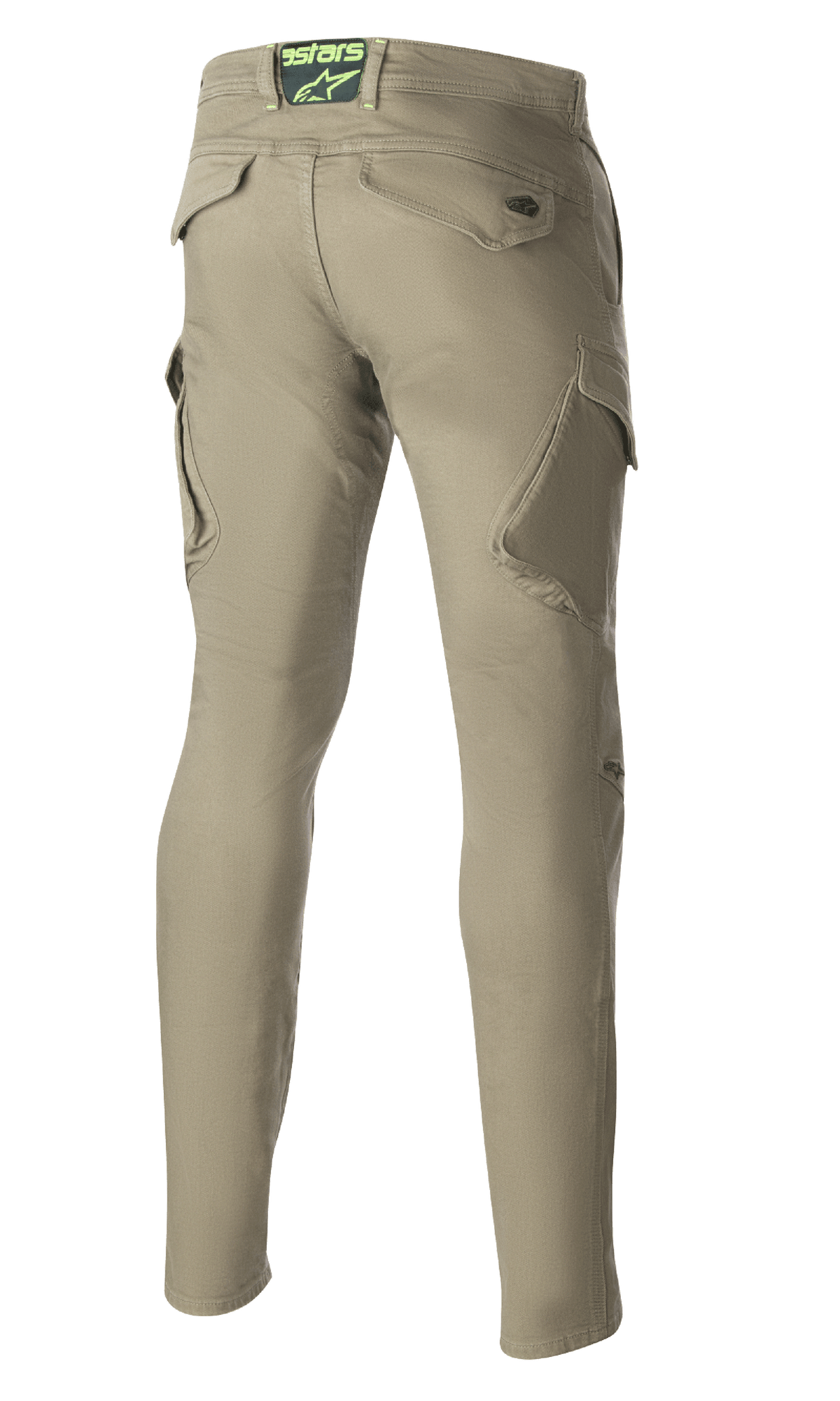 Alpinestars Caliber Slim Fit Tech motorcykelbyxor, Military Green, vy bakifrån som visar vinklade cargofickor och en smal avsmalnande siluett, har Astars-logotyp på bakre linningen, slitstarka motorcykelbyxor i urban stridsstil
