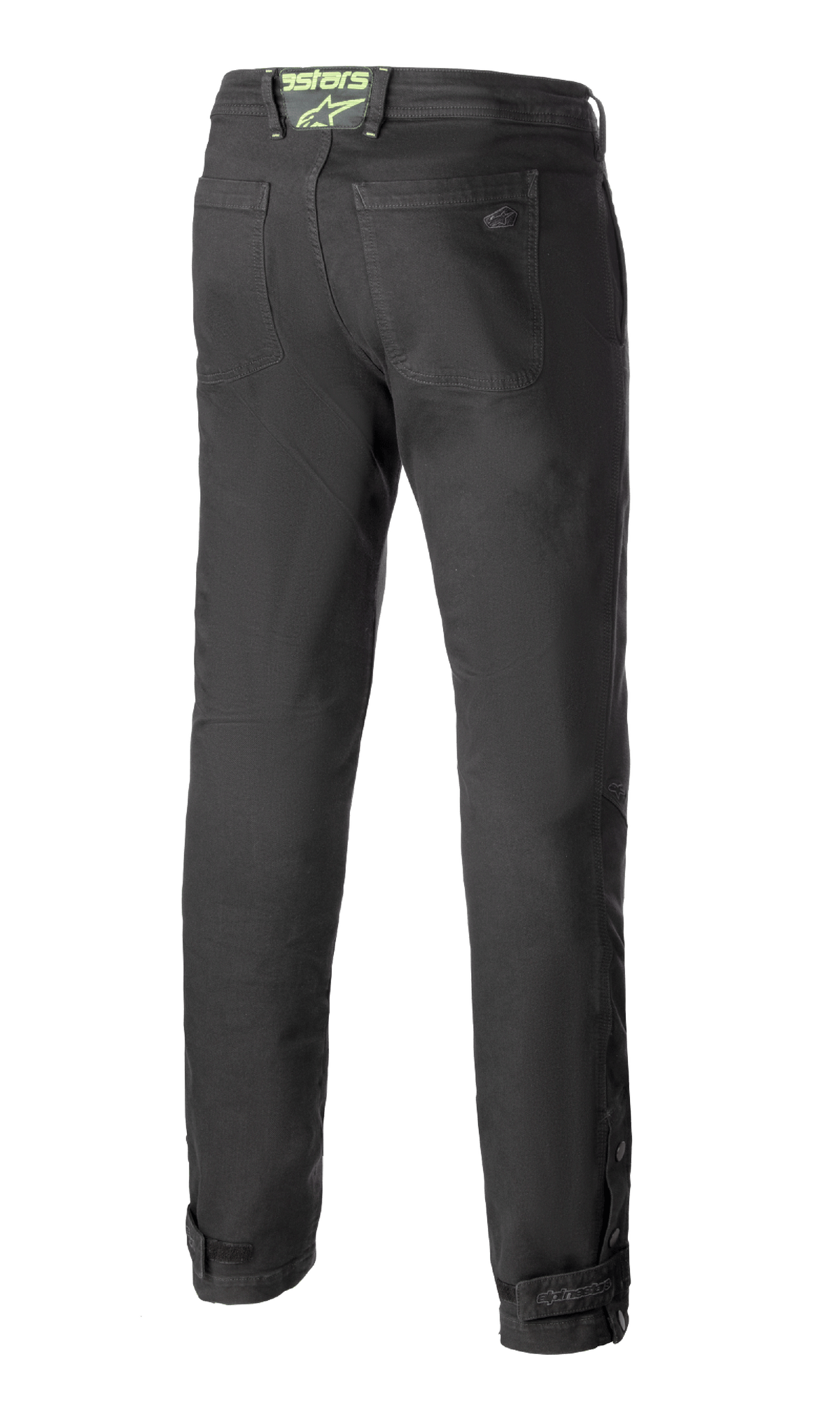 Alpinestars Stratos Regular Fit Tech Riding Pants, motorcykelbyxor, antracitgrå, vy bakifrån med avsmalnande passform, bakfickor, neongrön Alpinestars-logotyp på linningen och justerbara stängningar vid vaderna