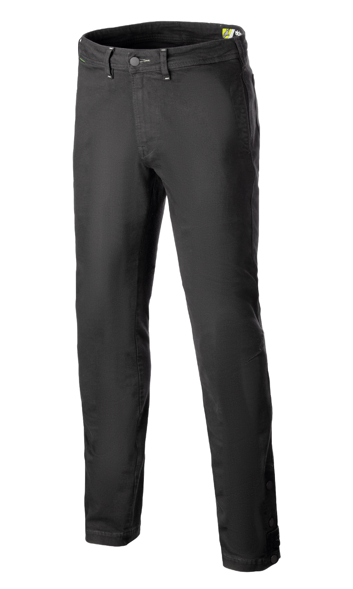 Alpinestars Stratos Regular Fit Tech motorcykelbyxor, antracitgrå, avslappnad design i jogger-stil med avsmalnande ben, knappstängning i midjan, justerbara tryckknappar vid anklarna, tillverkade i Cordura-denim för en urban gatustil.