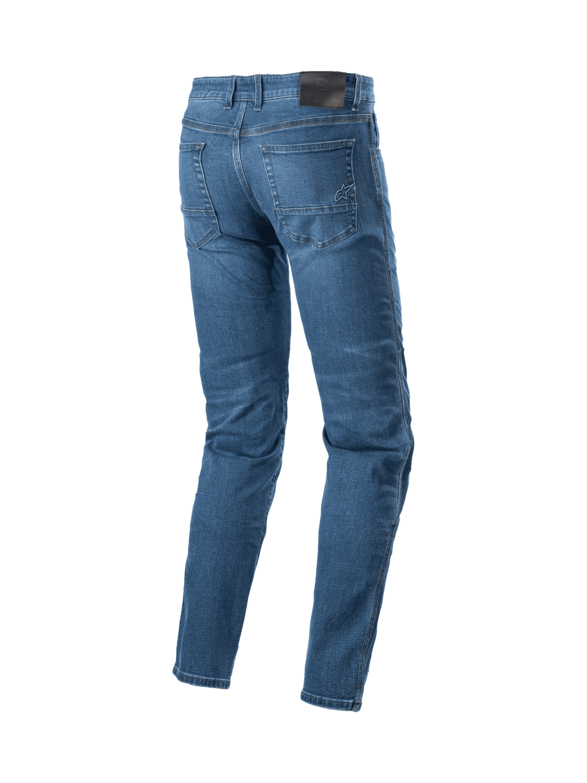 Alpinestars Radon Regular Fit motorcykeljeans, blå denimbyxor för herrar, vy bakifrån med logotypsydda fickor, för urban körning.