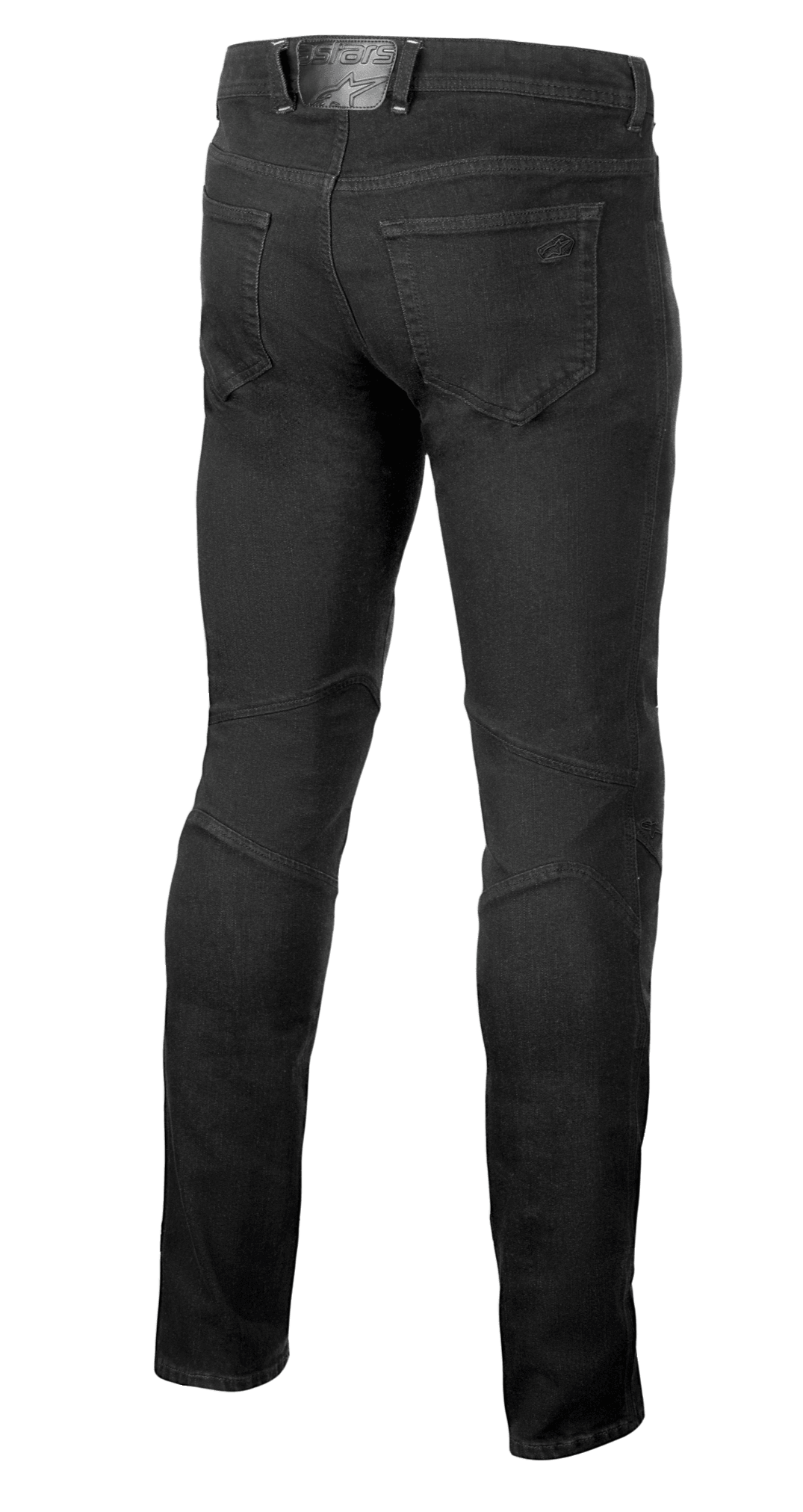 Alpinestars Radium V2 Denim Pants, motorcykeljeans, Black Rinse, vy bakifrån som visar femficksmodell, tonal märkning på bakfickan och midjelappen, samt tekniska sömmar på baksidan av knäna för en avsmalnande passform.