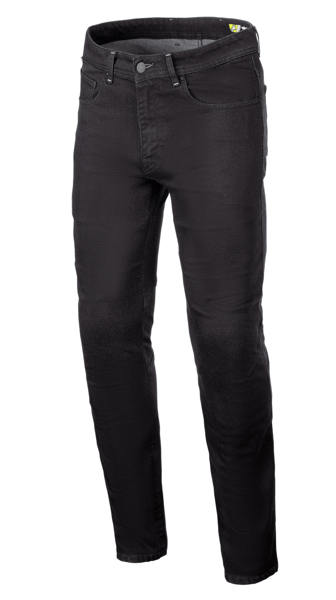 Alpinestars Radium V2 Denim Pants, motorcykeljeans, Black Rinse, med normalt avsmalnande ben, femficksmodell, bälteshällor, knapp- och dragkedjegylf, mörkt denimtyg