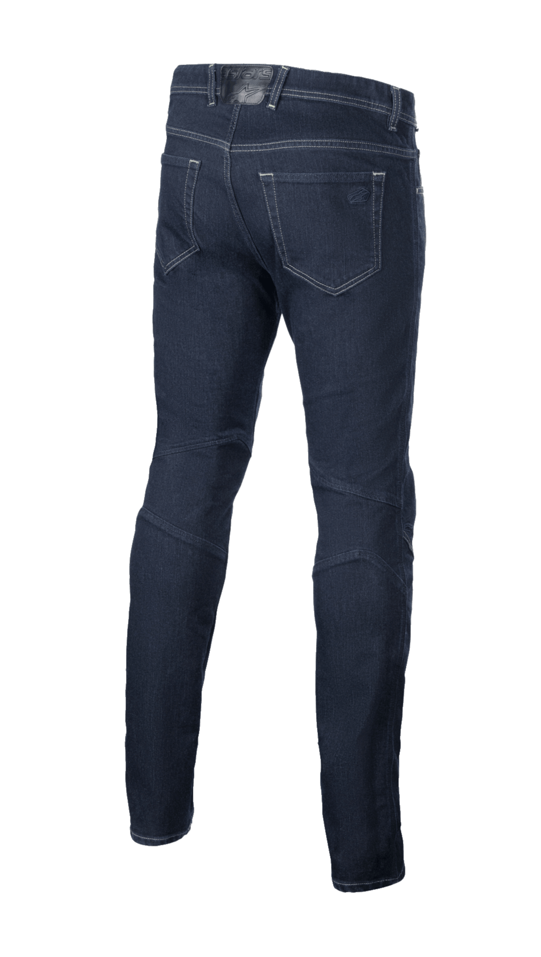 Alpinestars Radium V2 Denim Pants, motorcykeljeans för stadskörning, Rinse Blue, vy bakifrån som visar femficksdesign, avsmalnande ben och mörkt denim-material med kontrastsömmar