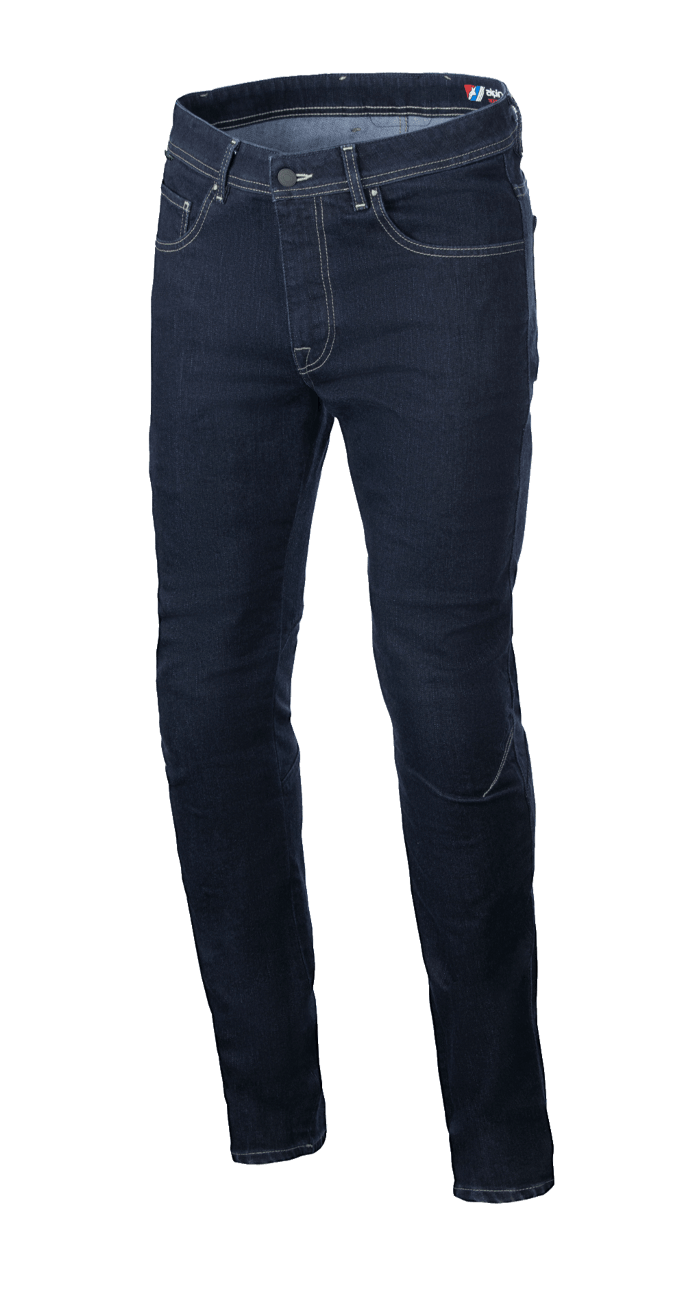 Alpinestars Radium V2 denimbyxor, motorcykeljeans, Rinse Blue, normalt avsmalnande passform, klassisk femficksdesign, ljusa kontrastsömmar, slitstark konstruktion i stretch-Cordura-denim