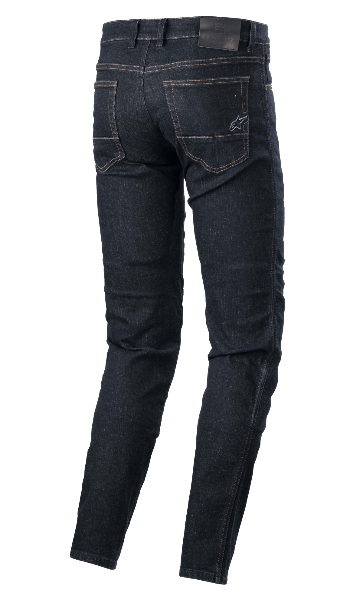 Alpinestars Sektor Regular Fit Denim, tekniska mc-byxor, Rinse Blue, vy bakifrån med bakfickor med broderad stjärnlogotyp, läderlapp i midjan och trippelsömmar, urban mc-utrustning