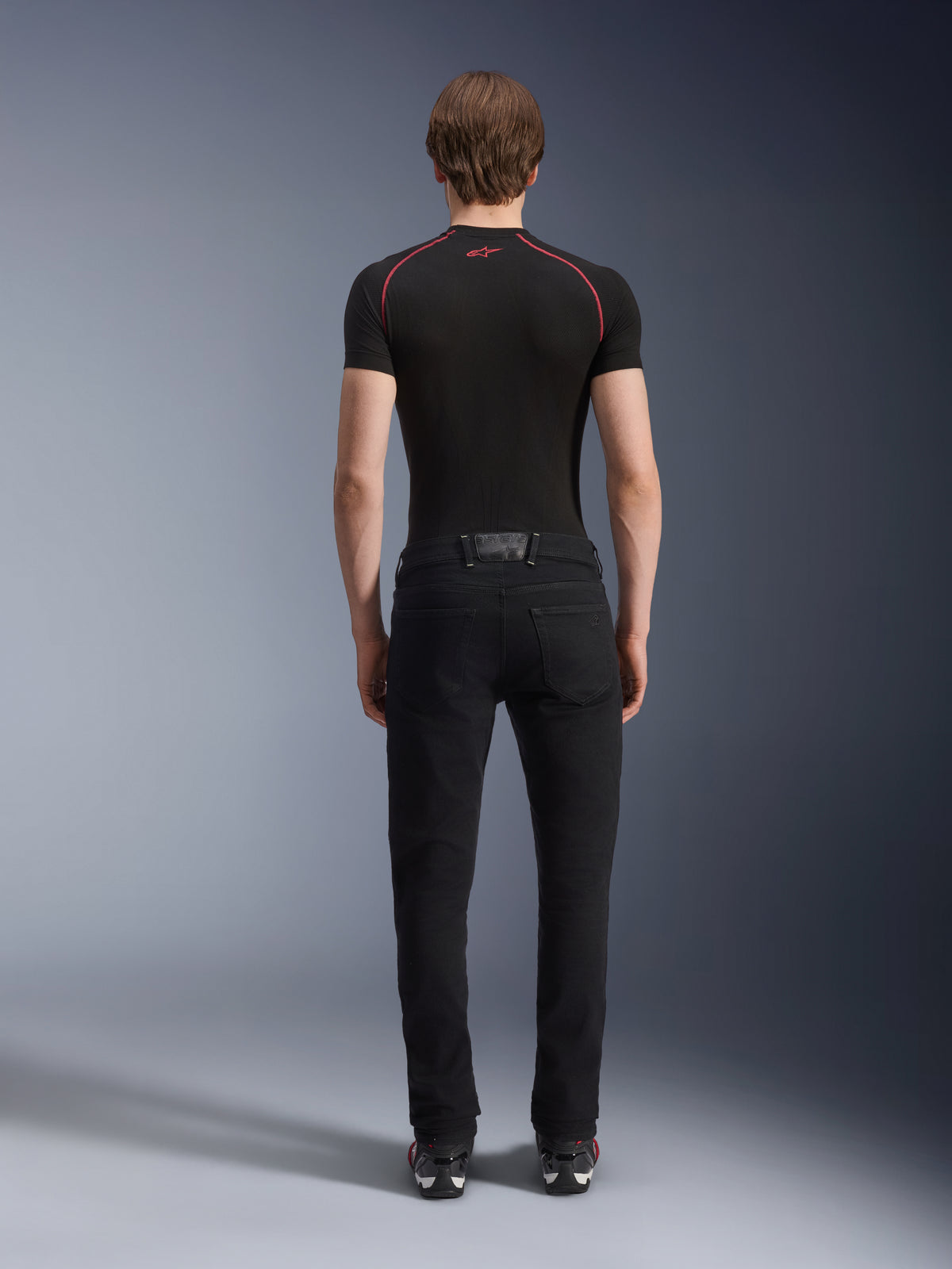 Alpinestars Copper V3 Denim Pants, Black Rinse Men's straight-leg motorcycle riding jeans for urban road use, rear view.
