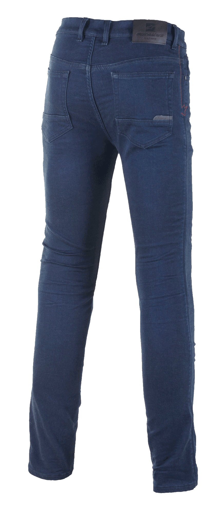 Alpinestars Cerium Tech Stretch Riding Denim, motorcykeljeans, Rinse Blue, vy bakifrån som visar teknisk denim med slim-fit passform, klassiska bakfickor och lädermärke med logotyp på linningen